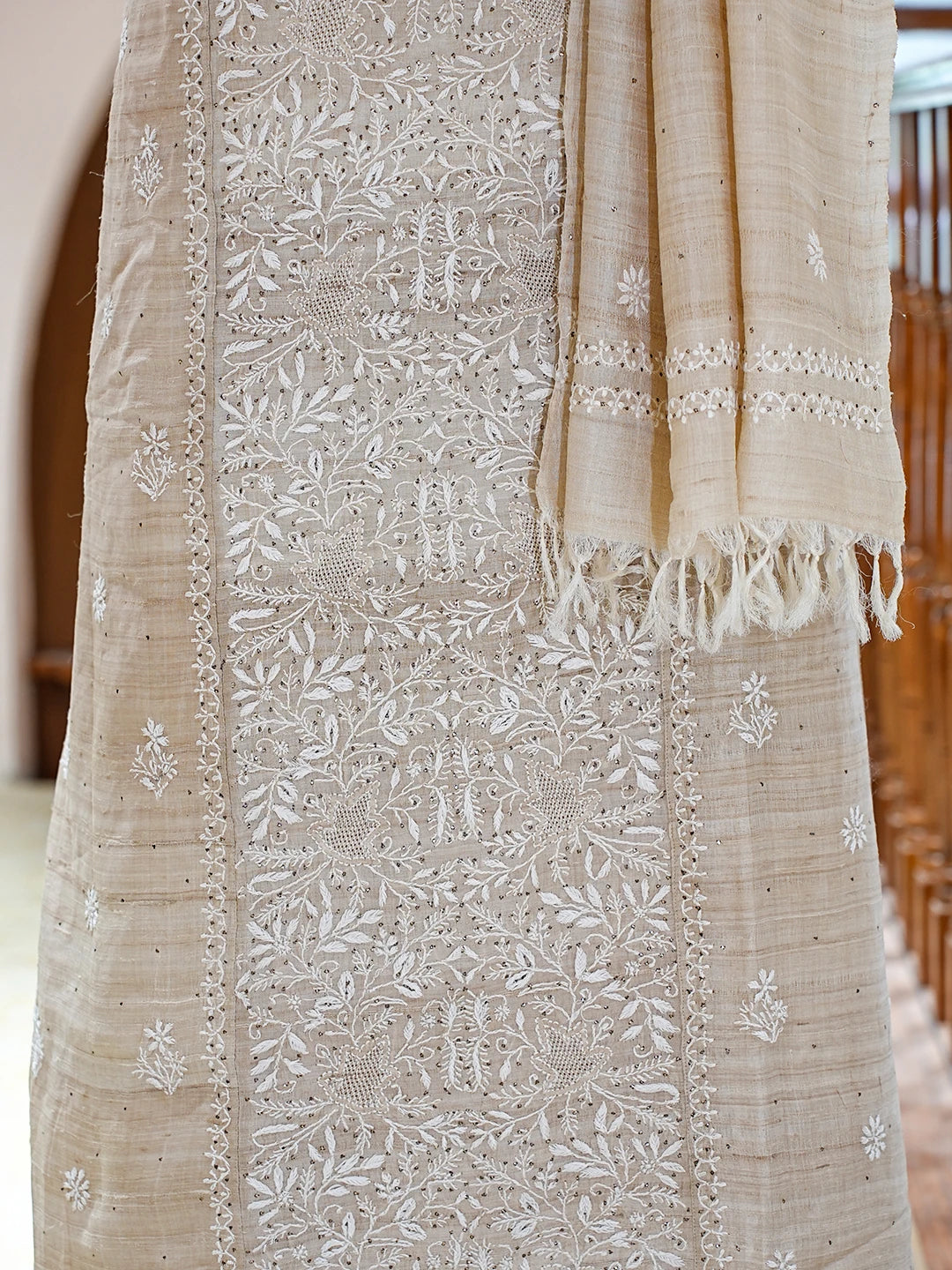 Ada Hand Embroidered Fawn Tussar Silk Lucknowi Chikankari Semi-Stitched Kurta Dupatta Set With Muqaish Work 01A771672