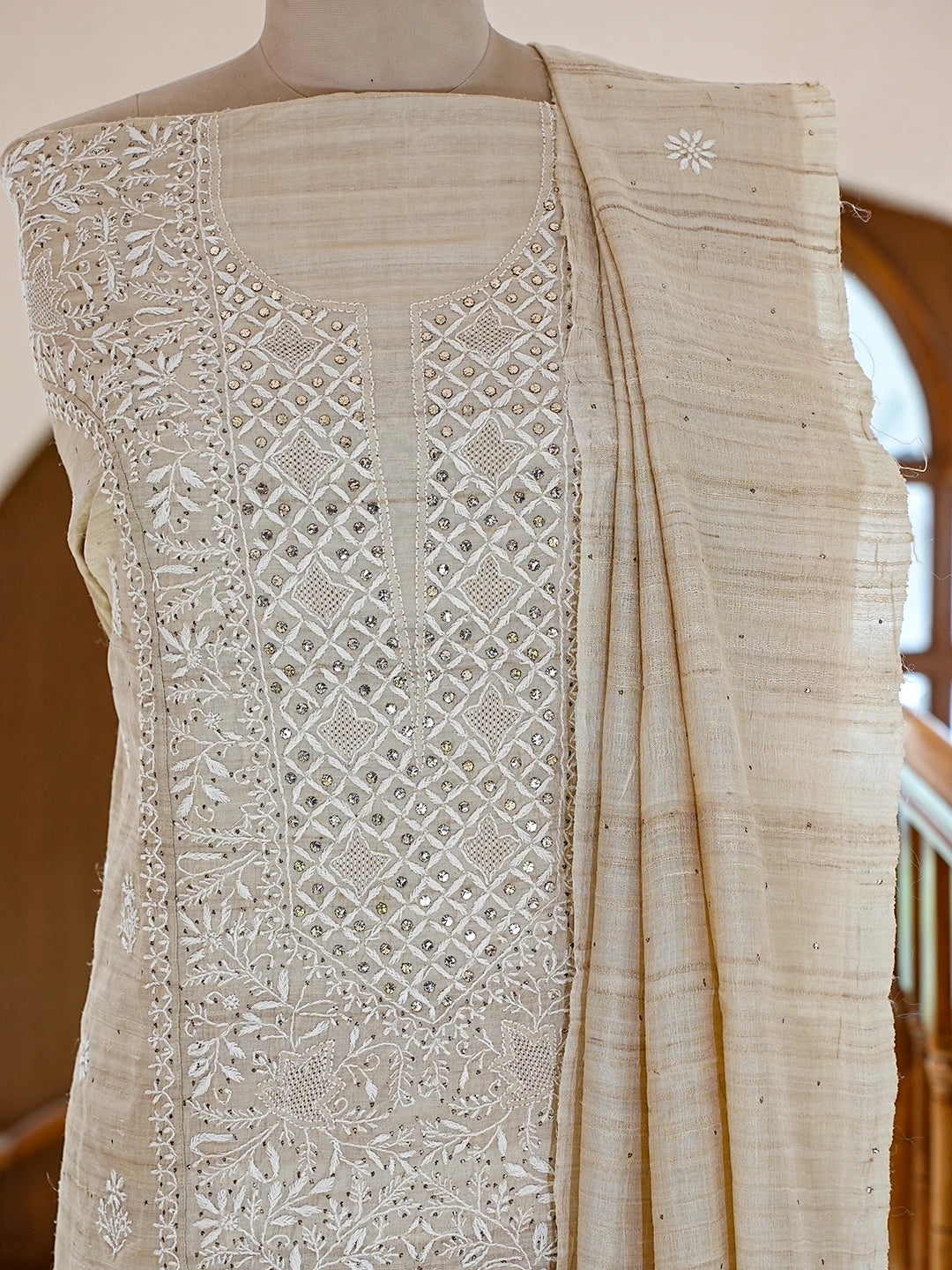Ada Hand Embroidered Fawn Tussar Silk Lucknowi Chikankari Semi-Stitched Kurta Dupatta Set With Muqaish Work 01A771672