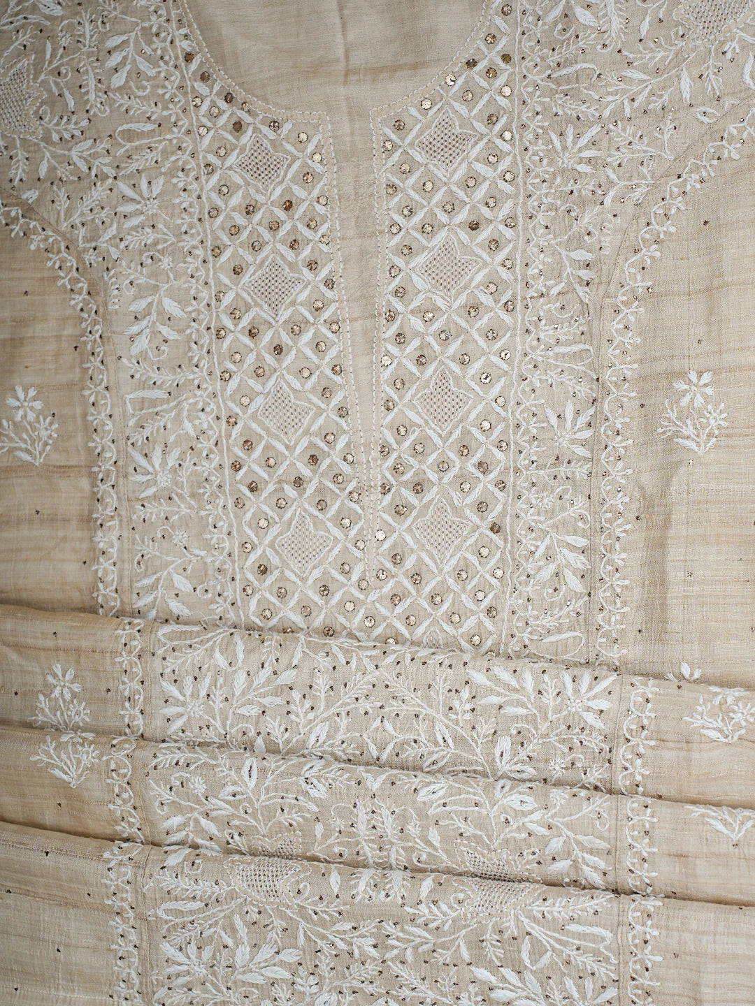 Ada Hand Embroidered Fawn Tussar Silk Lucknowi Chikankari Semi-Stitched Kurta Dupatta Set With Muqaish Work 01A771672