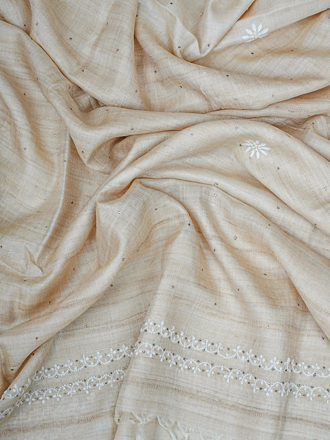 Ada Hand Embroidered Fawn Tussar Silk Lucknowi Chikankari Semi-Stitched Kurta Dupatta Set With Muqaish Work 01A771672