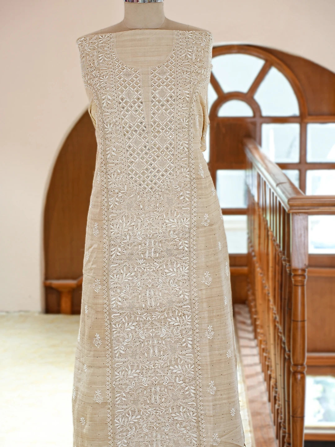 Ada Hand Embroidered Fawn Tussar Silk Lucknowi Chikankari Semi-Stitched Kurta Dupatta Set With Muqaish Work 01A771672