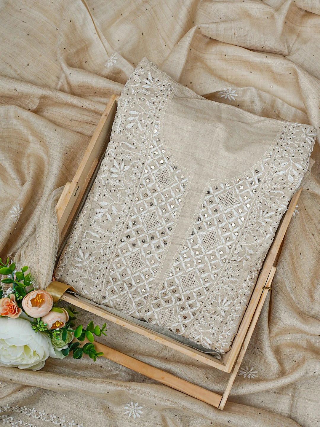 Ada Hand Embroidered Fawn Tussar Silk Lucknowi Chikankari Semi-Stitched Kurta Dupatta Set With Muqaish Work 01A771672