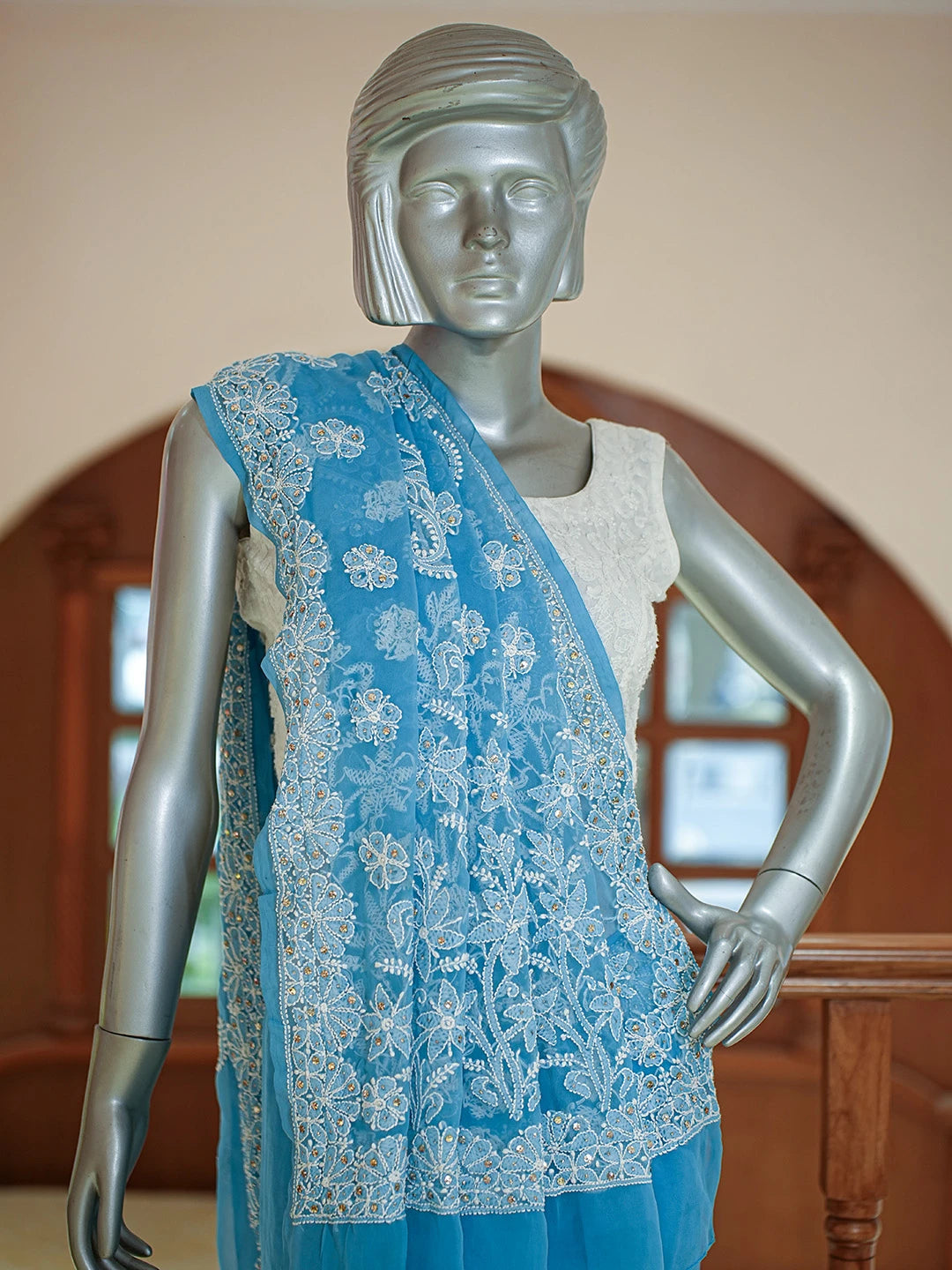 Ada Hand Embroidered Cerulean Blue Georgette Lucknowi Chikankari Saree and Blouse With Muqaish Work 01A699991