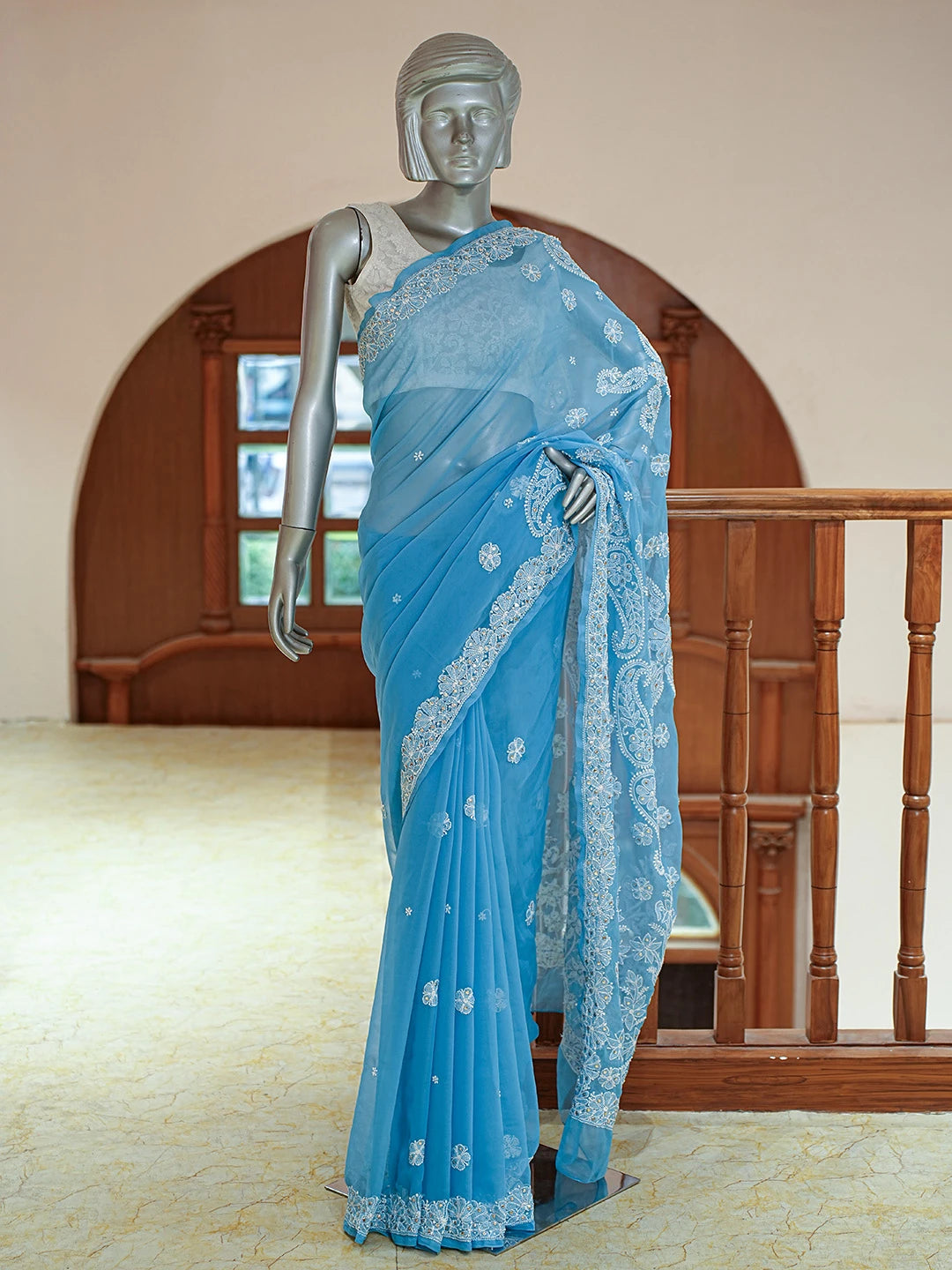 Ada Hand Embroidered Cerulean Blue Georgette Lucknowi Chikankari Saree and Blouse With Muqaish Work 01A699991