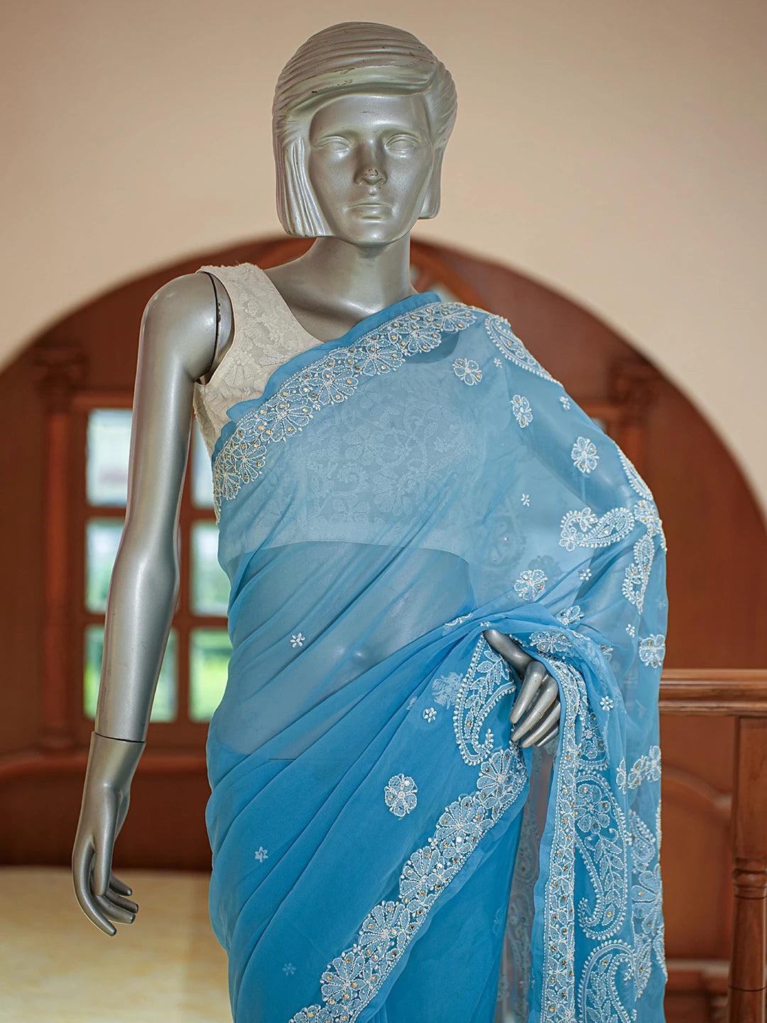 Ada Hand Embroidered Cerulean Blue Georgette Lucknowi Chikankari Saree and Blouse With Muqaish Work 01A699991