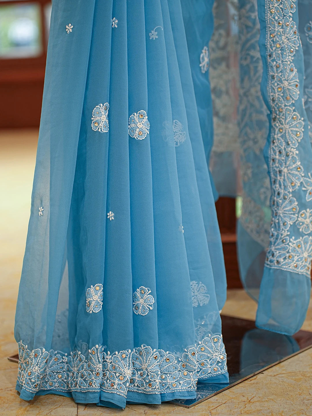 Ada Hand Embroidered Cerulean Blue Georgette Lucknowi Chikankari Saree and Blouse With Muqaish Work 01A699991