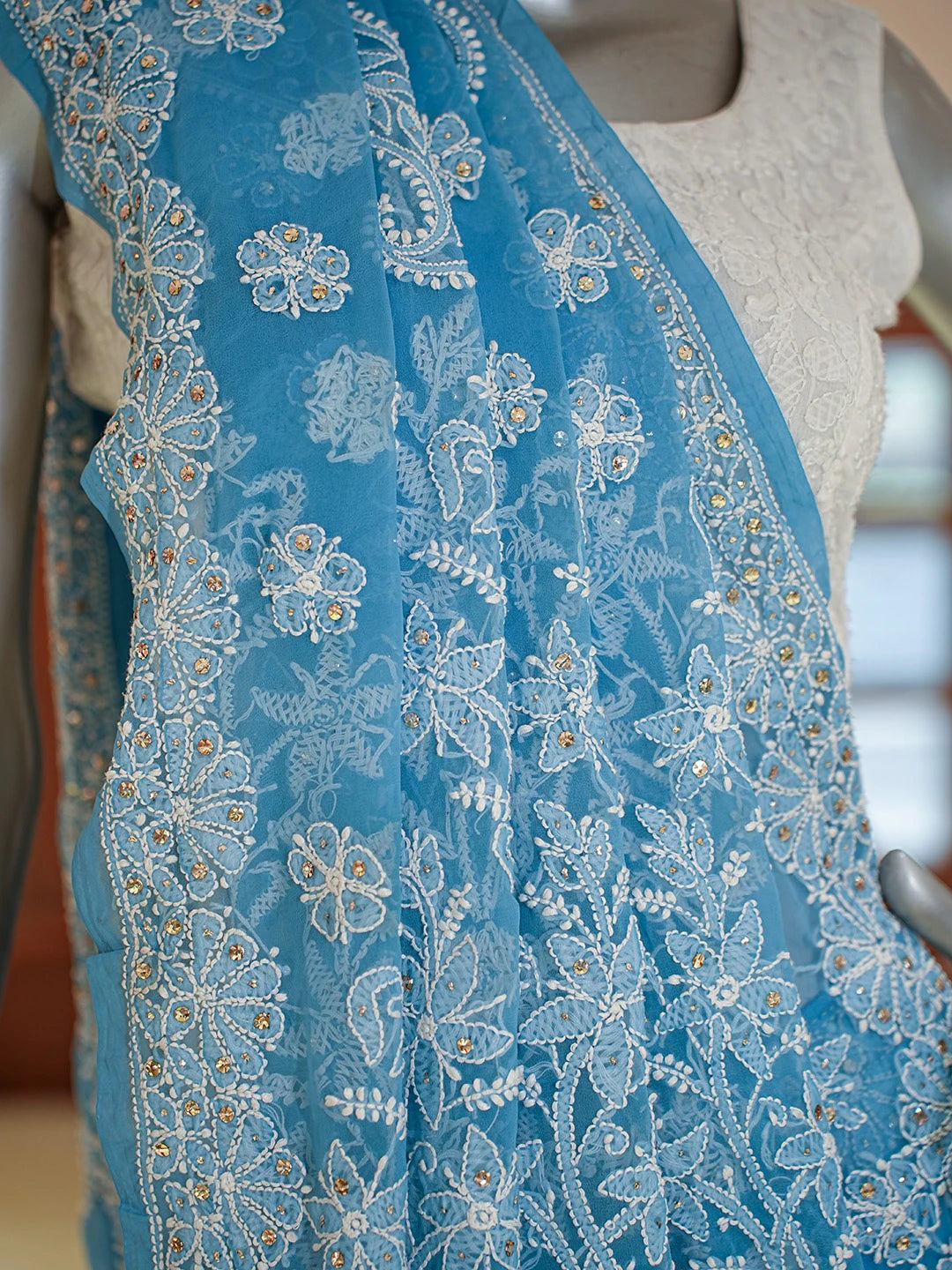 Ada Hand Embroidered Cerulean Blue Georgette Lucknowi Chikankari Saree and Blouse With Muqaish Work 01A699991