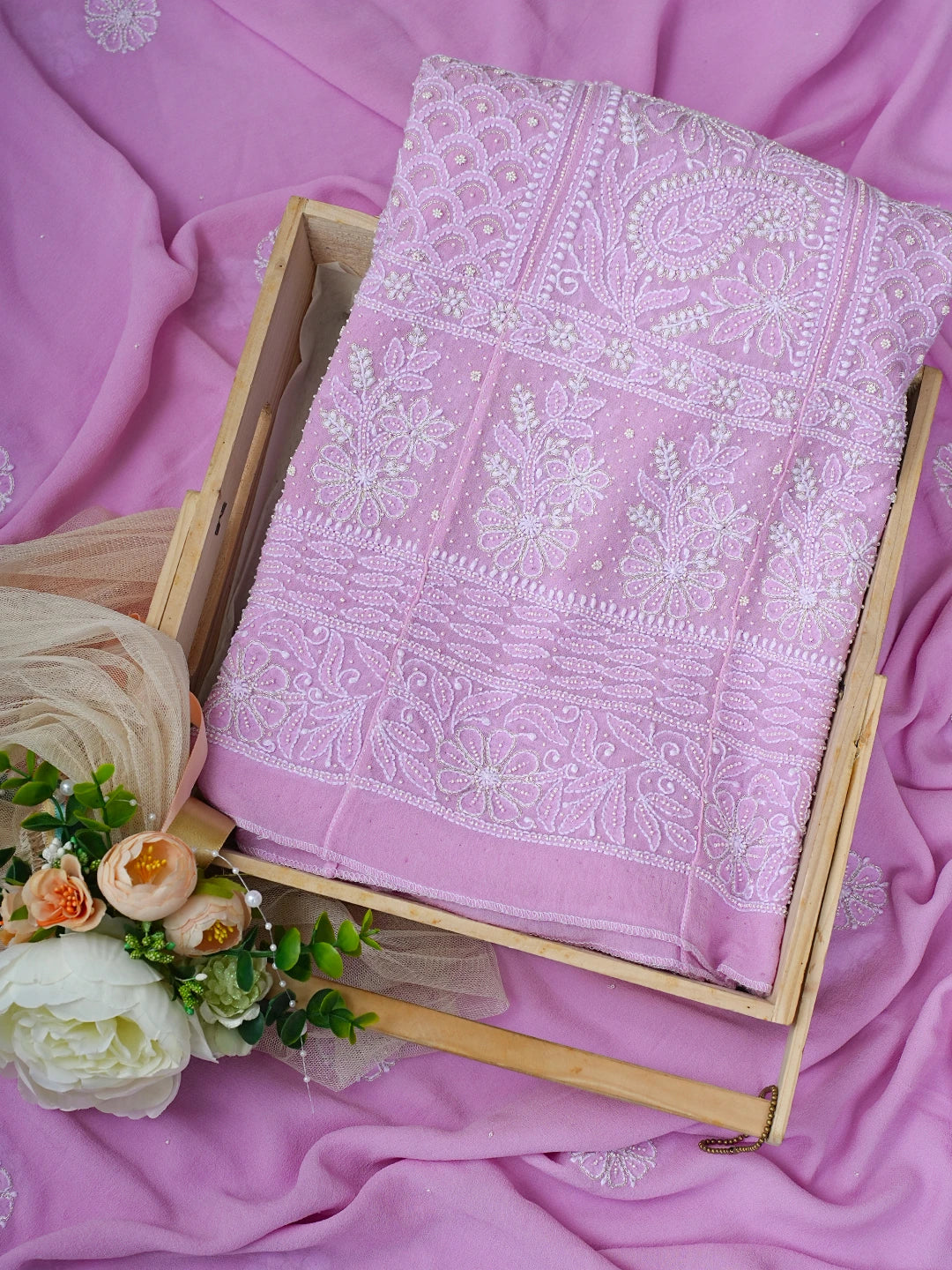 Ada Hand Embroidered Mauve Pure Georgette Lucknowi Chikankari Semi-Stitched Anarkali Kurta Dupatta Set With Pearl Work 01A700247