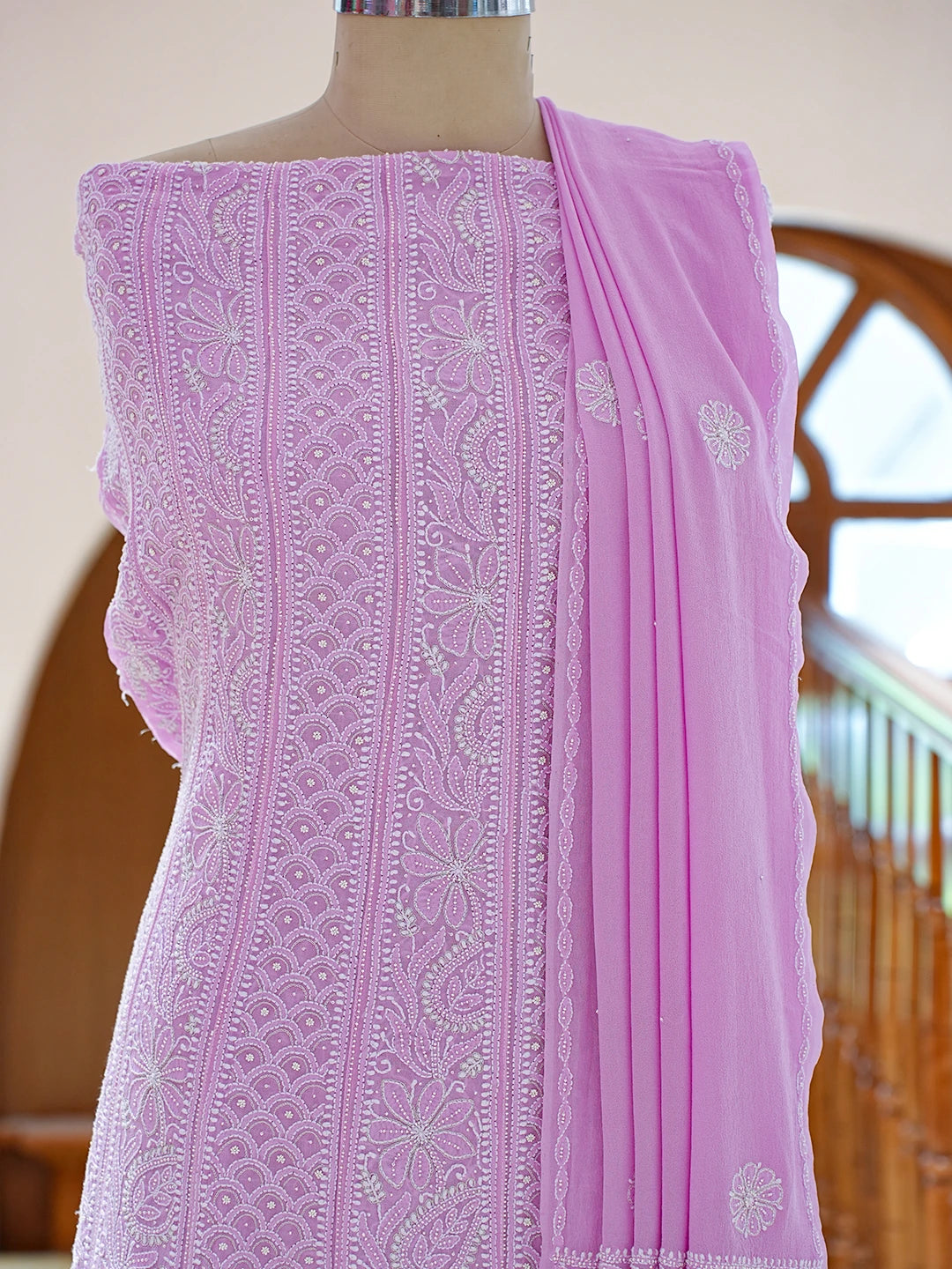 Ada Hand Embroidered Mauve Pure Georgette Lucknowi Chikankari Semi-Stitched Anarkali Kurta Dupatta Set With Pearl Work 01A700247