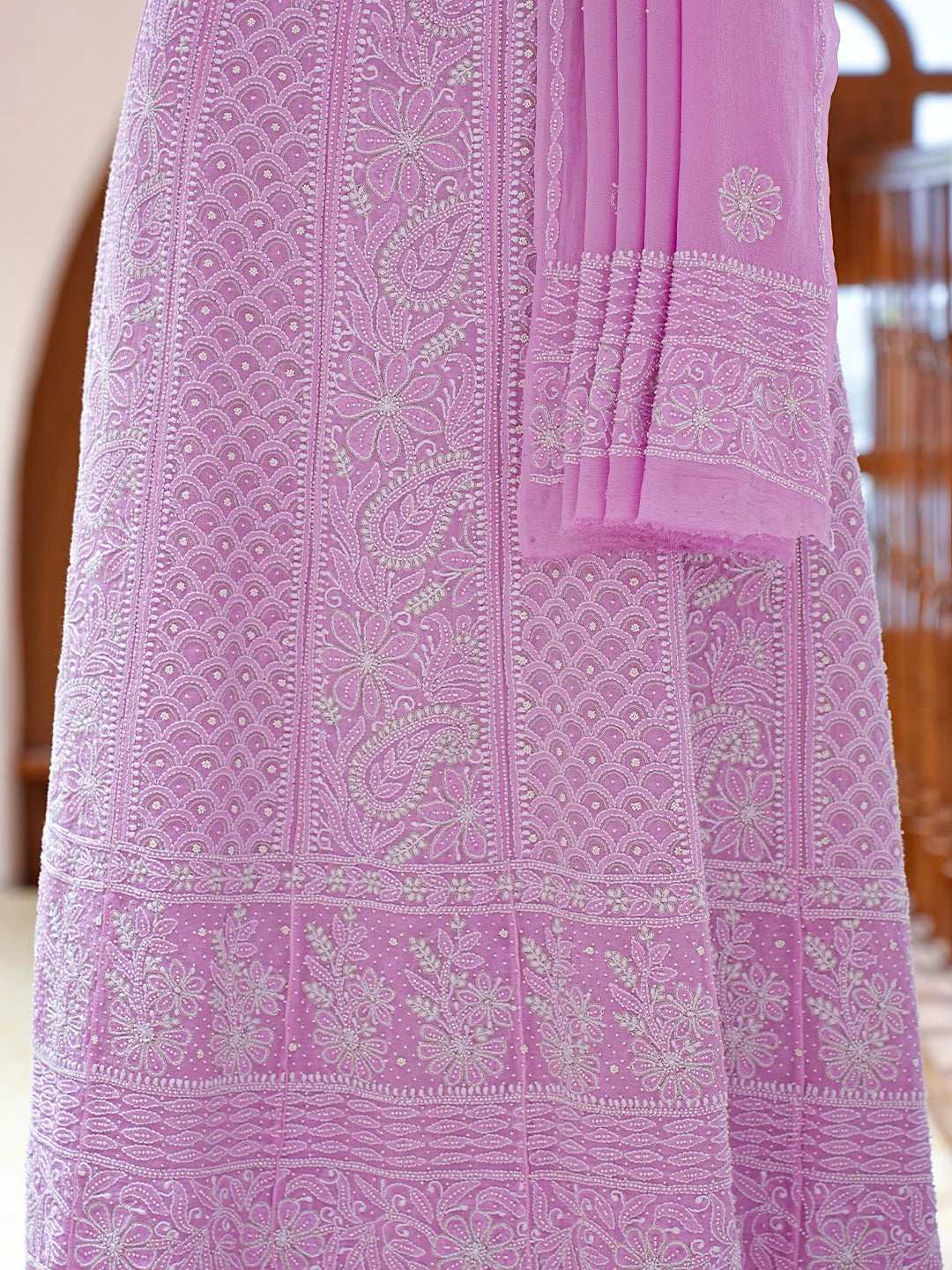 Ada Hand Embroidered Mauve Pure Georgette Lucknowi Chikankari Semi-Stitched Anarkali Kurta Dupatta Set With Pearl Work 01A700247