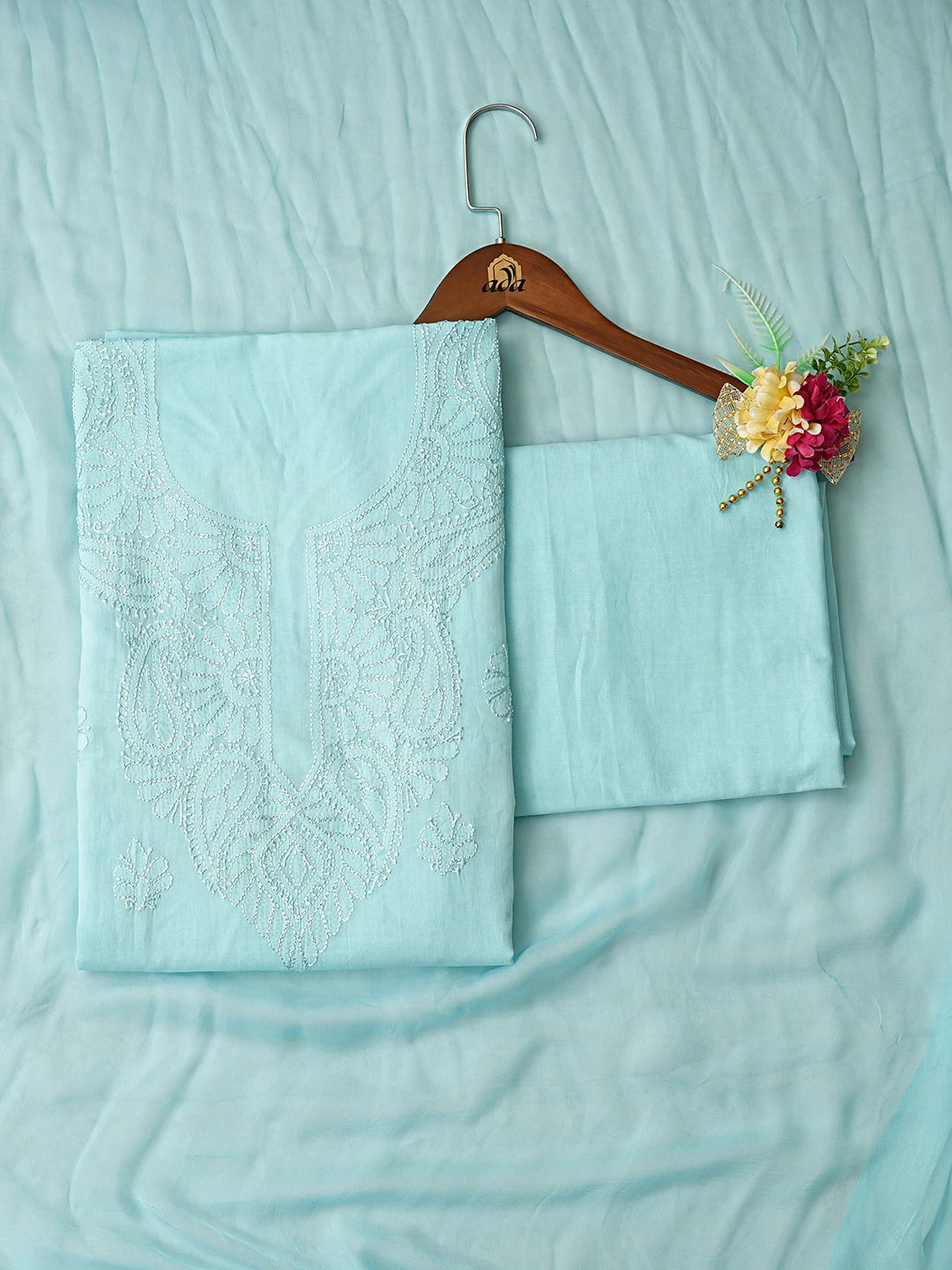 Ada Hand Embroidered Ice Blue Cotton Lucknowi Chikankari Unstitched Suit Piece 08A500491