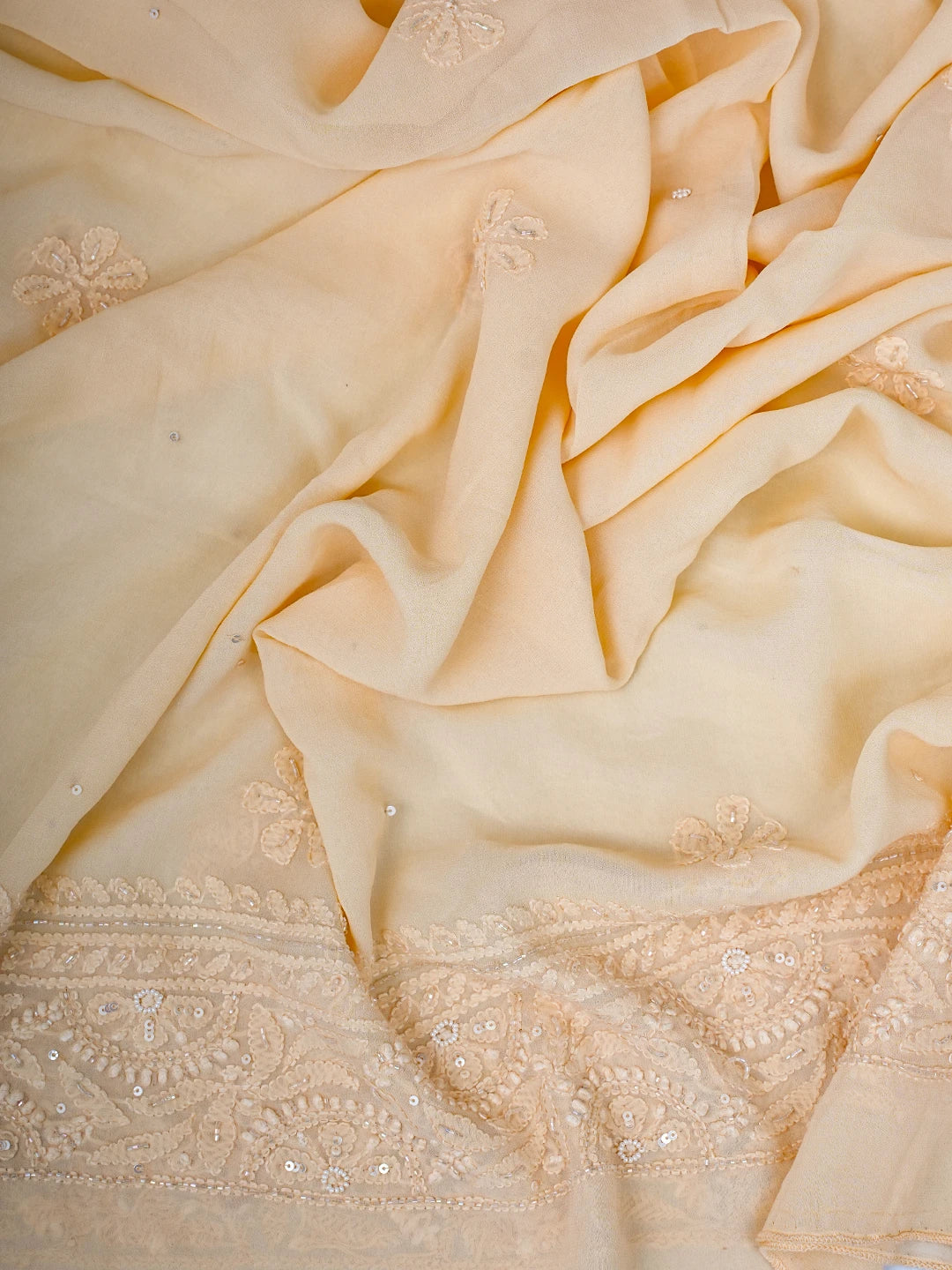 Ada Hand Embroidered Light Peach Viscose Georgette Lucknowi Chikankari Semi-Stitched Anarkali Kurta Dupatta Set With Pearl Work 01A758742
