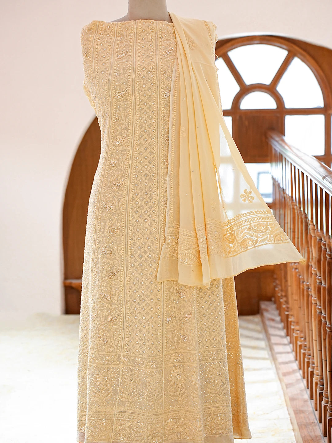 Ada Hand Embroidered Light Peach Viscose Georgette Lucknowi Chikankari Semi-Stitched Anarkali Kurta Dupatta Set With Pearl Work 01A758742