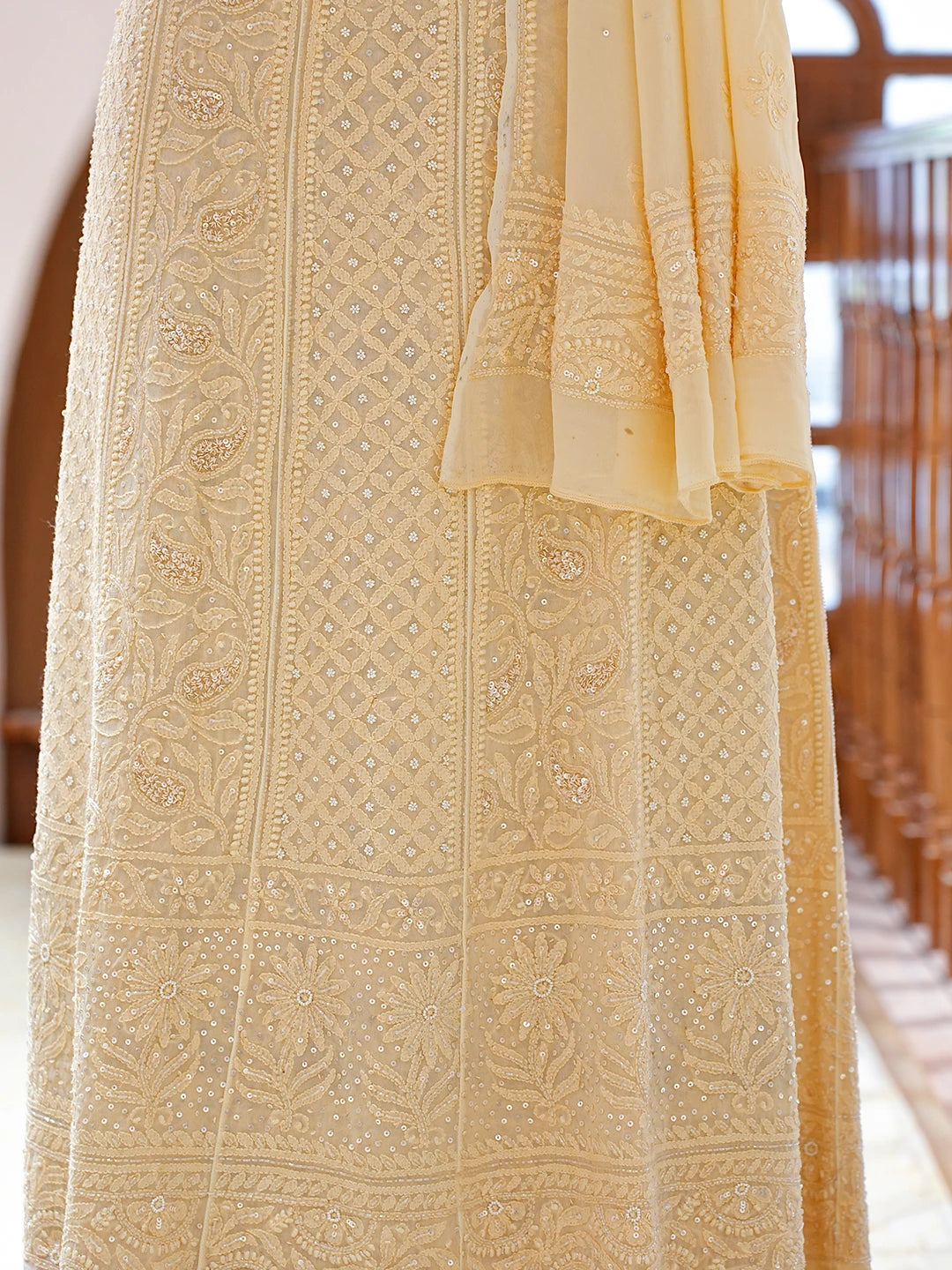 Ada Hand Embroidered Light Peach Viscose Georgette Lucknowi Chikankari Semi-Stitched Anarkali Kurta Dupatta Set With Pearl Work 01A758742