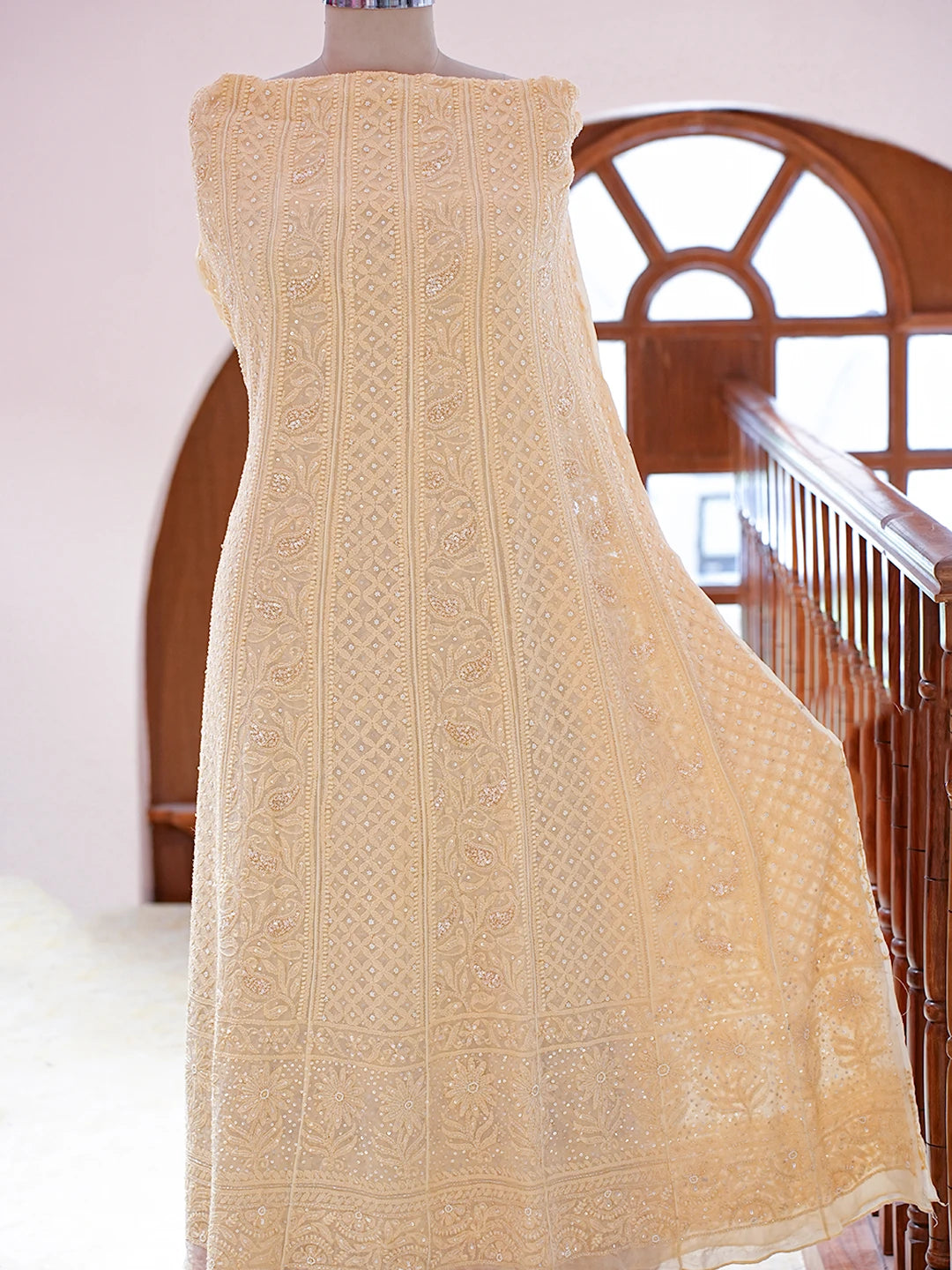 Ada Hand Embroidered Light Peach Viscose Georgette Lucknowi Chikankari Semi-Stitched Anarkali Kurta Dupatta Set With Pearl Work 01A758742