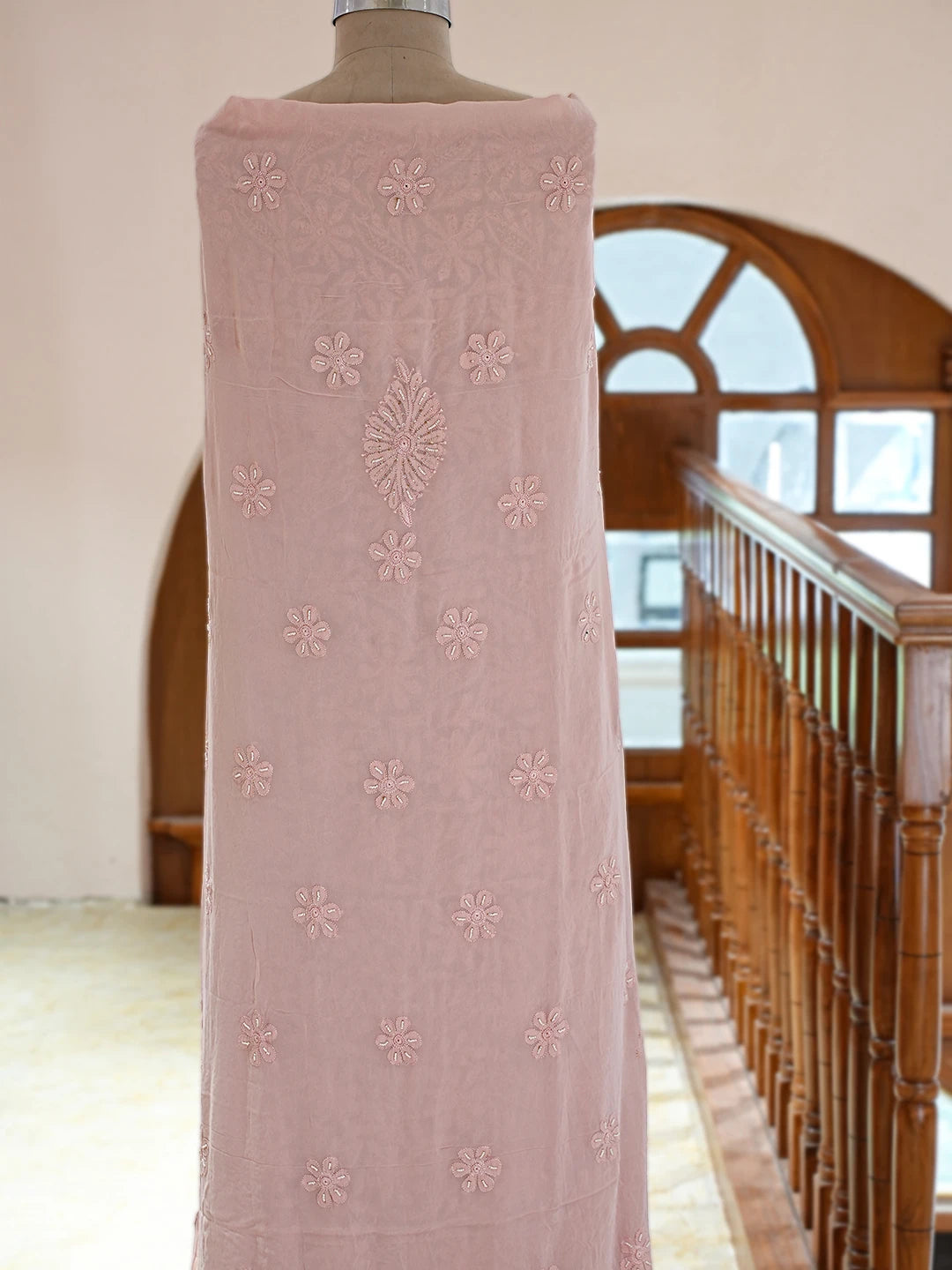 Ada Hand Embroidered Petite Peach Viscose Georgette Lucknowi Chikankari Unstitched Kurta Dupatta Set With Cutdana Work 01A354591