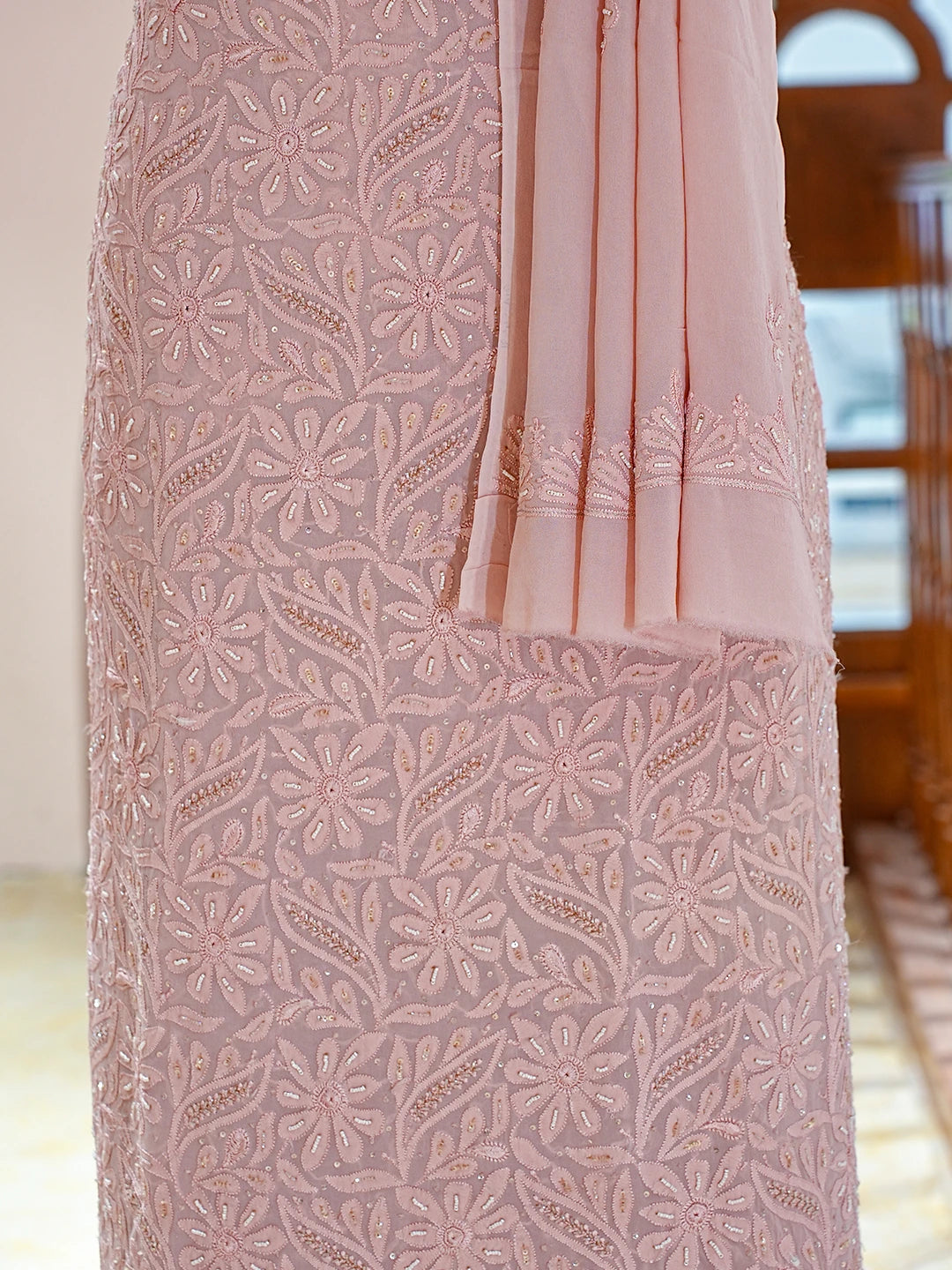 Ada Hand Embroidered Petite Peach Viscose Georgette Lucknowi Chikankari Unstitched Kurta Dupatta Set With Cutdana Work 01A354591
