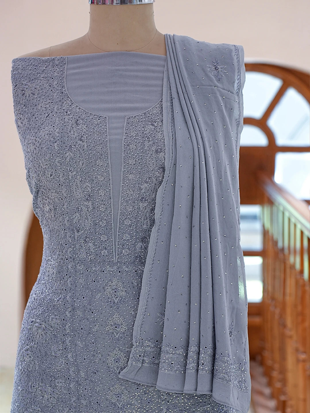 Ada Hand Embroidered Grey Pure Georgette Lucknowi Chikankari Unstitched Kurta Dupatta Set With Sequinned Work 01A592301