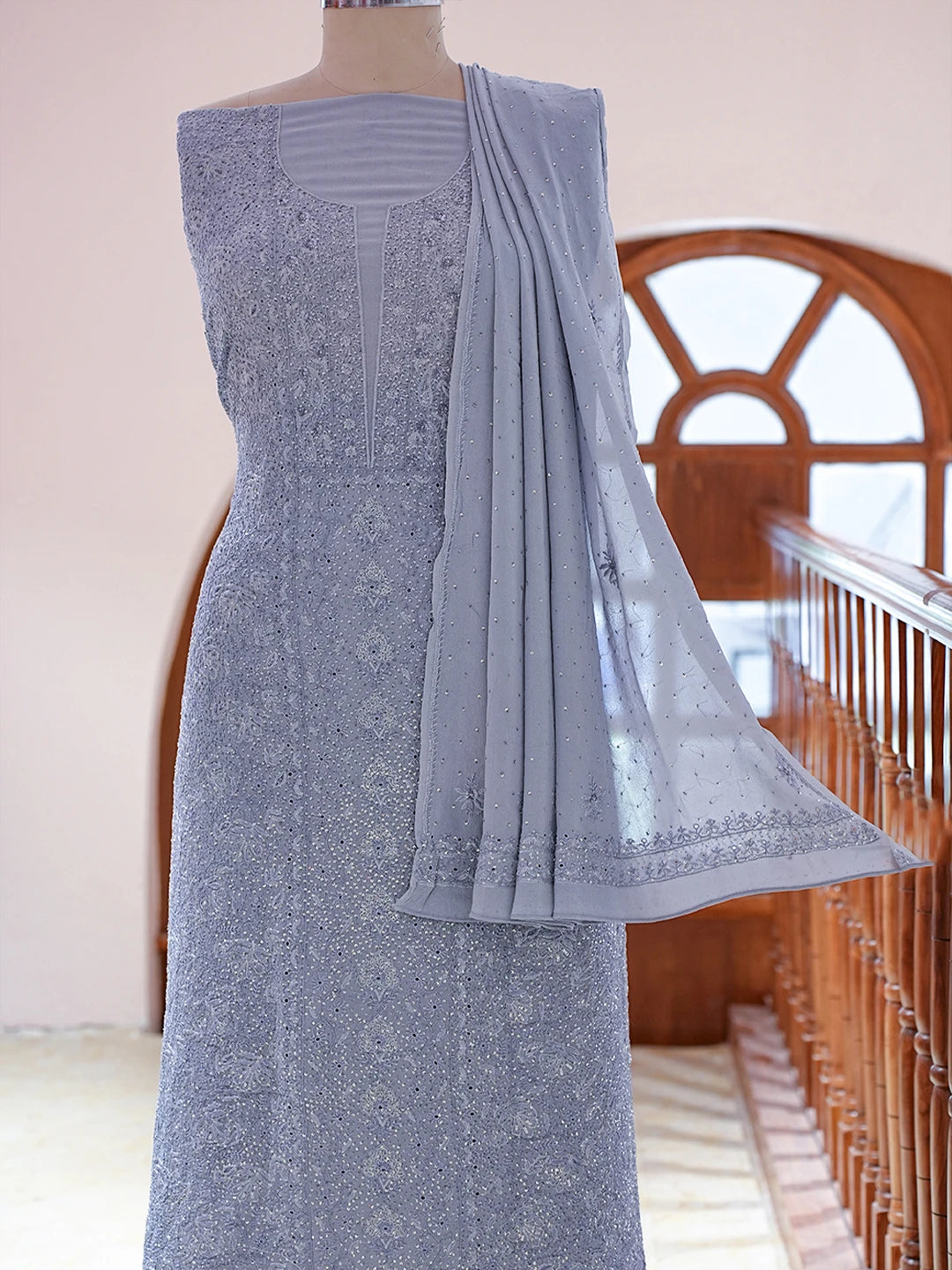 Ada Hand Embroidered Grey Pure Georgette Lucknowi Chikankari Unstitched Kurta Dupatta Set With Sequinned Work 01A592301