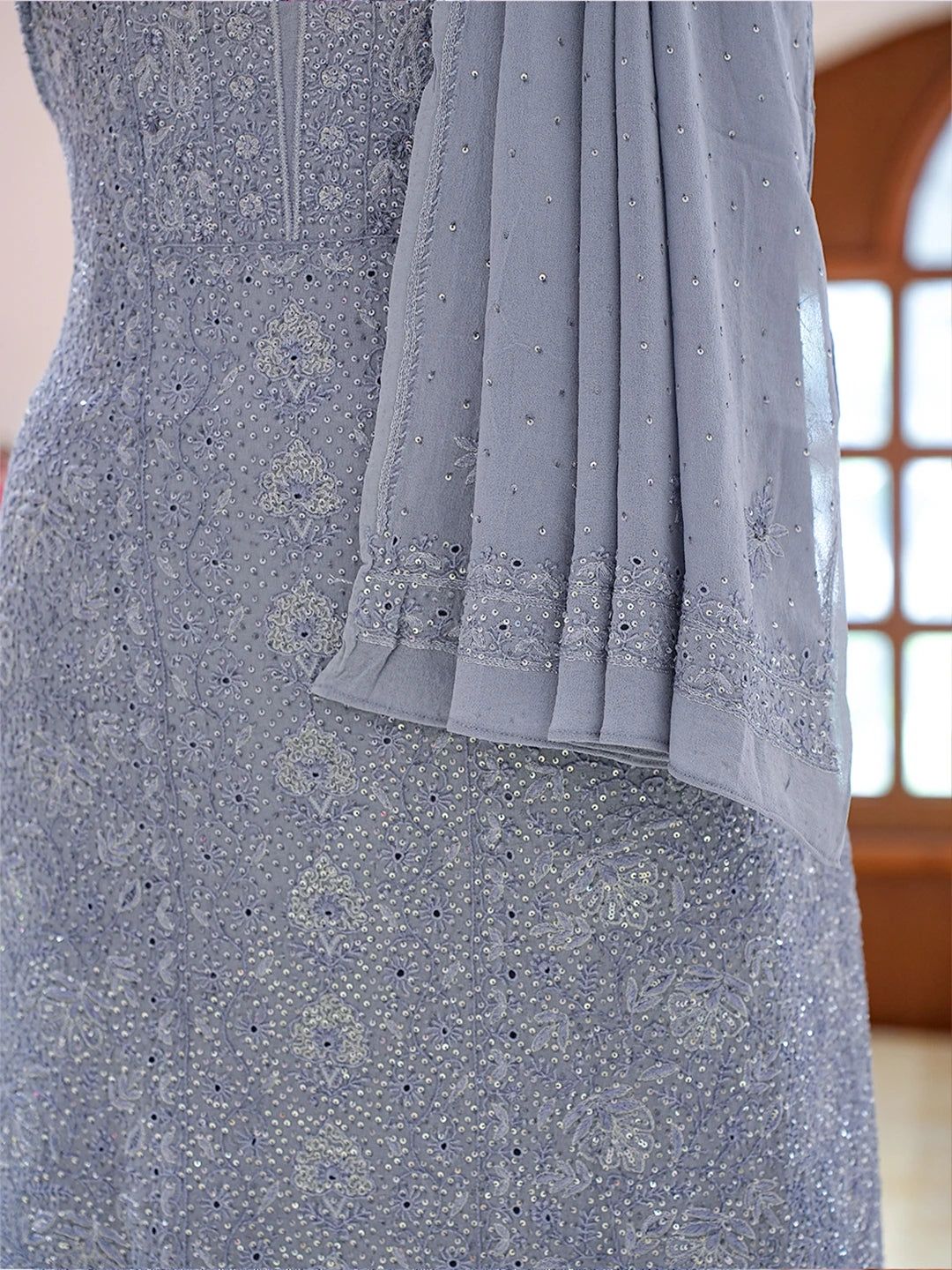 Ada Hand Embroidered Grey Pure Georgette Lucknowi Chikankari Unstitched Kurta Dupatta Set With Sequinned Work 01A592301