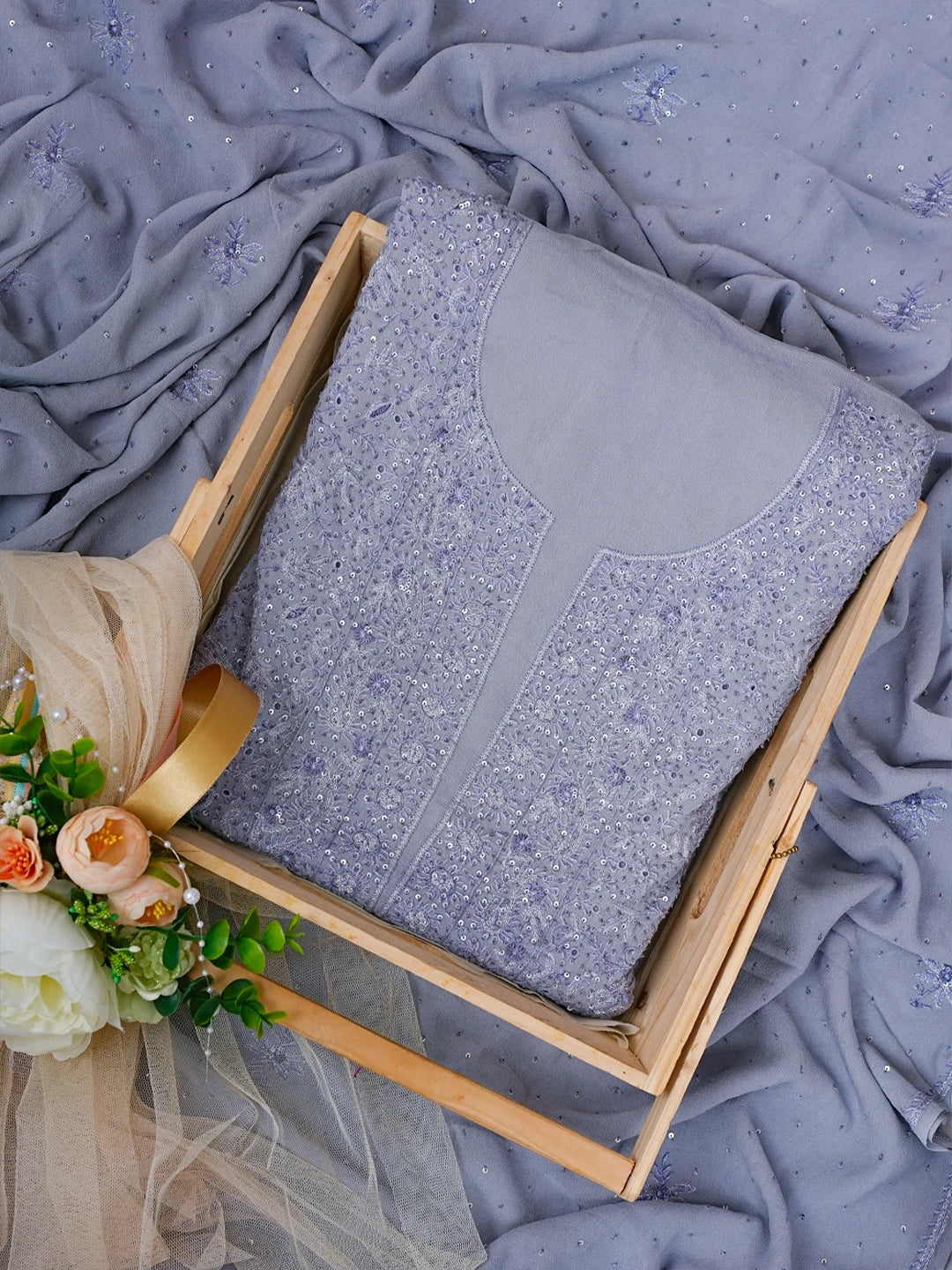 Ada Hand Embroidered Grey Pure Georgette Lucknowi Chikankari Unstitched Kurta Dupatta Set With Sequinned Work 01A592301