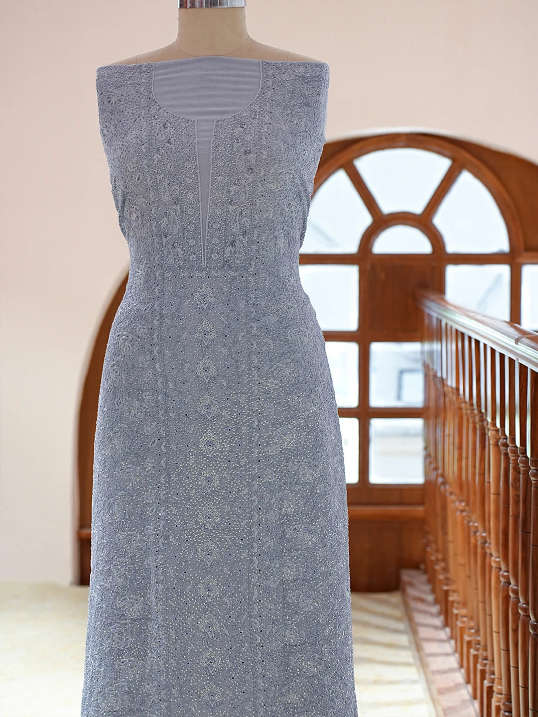 Ada Hand Embroidered Grey Pure Georgette Lucknowi Chikankari Unstitched Kurta Dupatta Set With Sequinned Work 01A592301