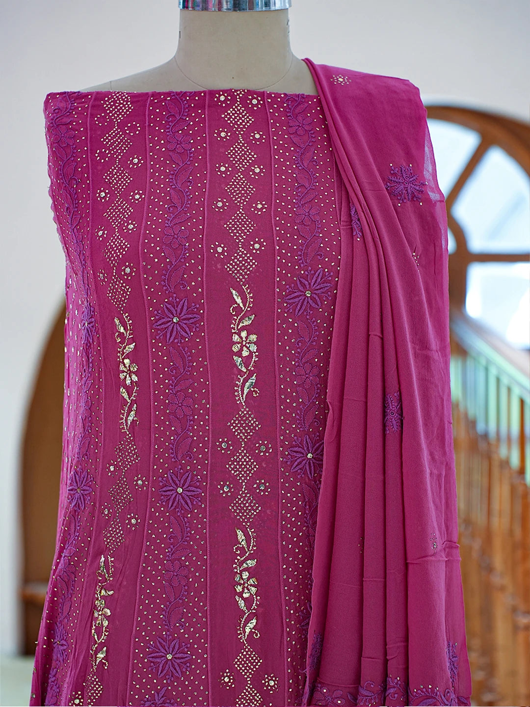 Ada Hand Embroidered Respberry Rose Pink Pure Georgette Lucknowi Chikankari Semi-Stitched Anarkali Kurta Dupatta Set With Mukaish Work 01A379290