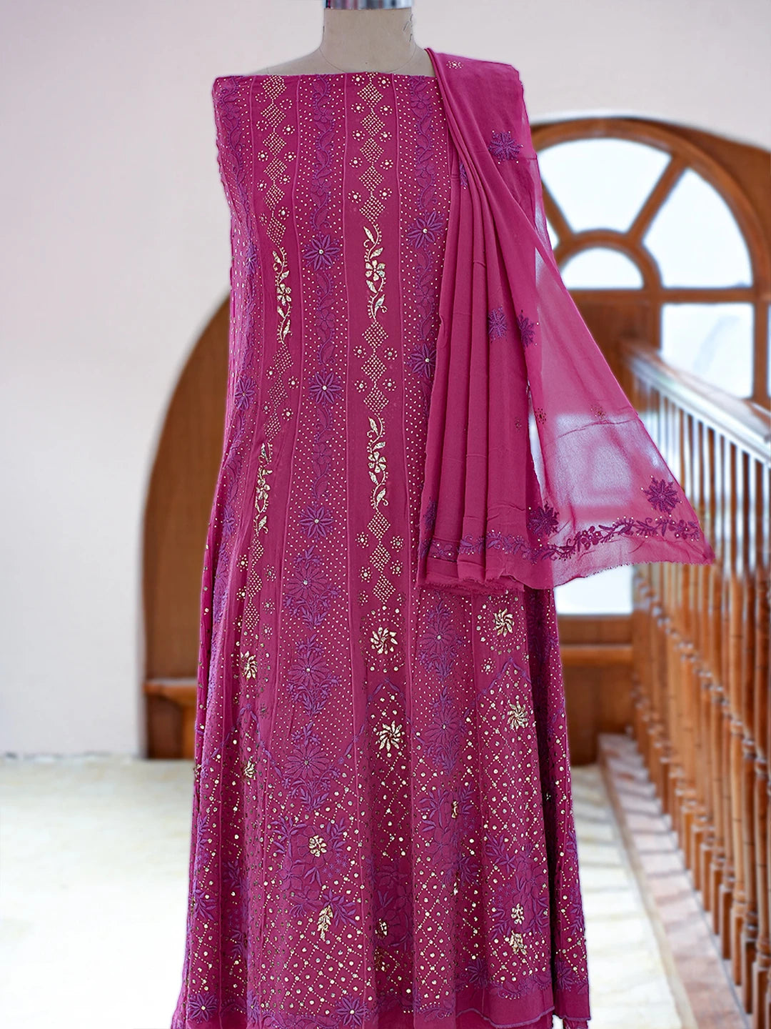 Ada Hand Embroidered Respberry Rose Pink Pure Georgette Lucknowi Chikankari Semi-Stitched Anarkali Kurta Dupatta Set With Mukaish Work 01A379290