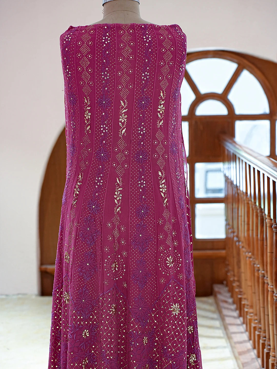 Ada Hand Embroidered Respberry Rose Pink Pure Georgette Lucknowi Chikankari Semi-Stitched Anarkali Kurta Dupatta Set With Mukaish Work 01A379290
