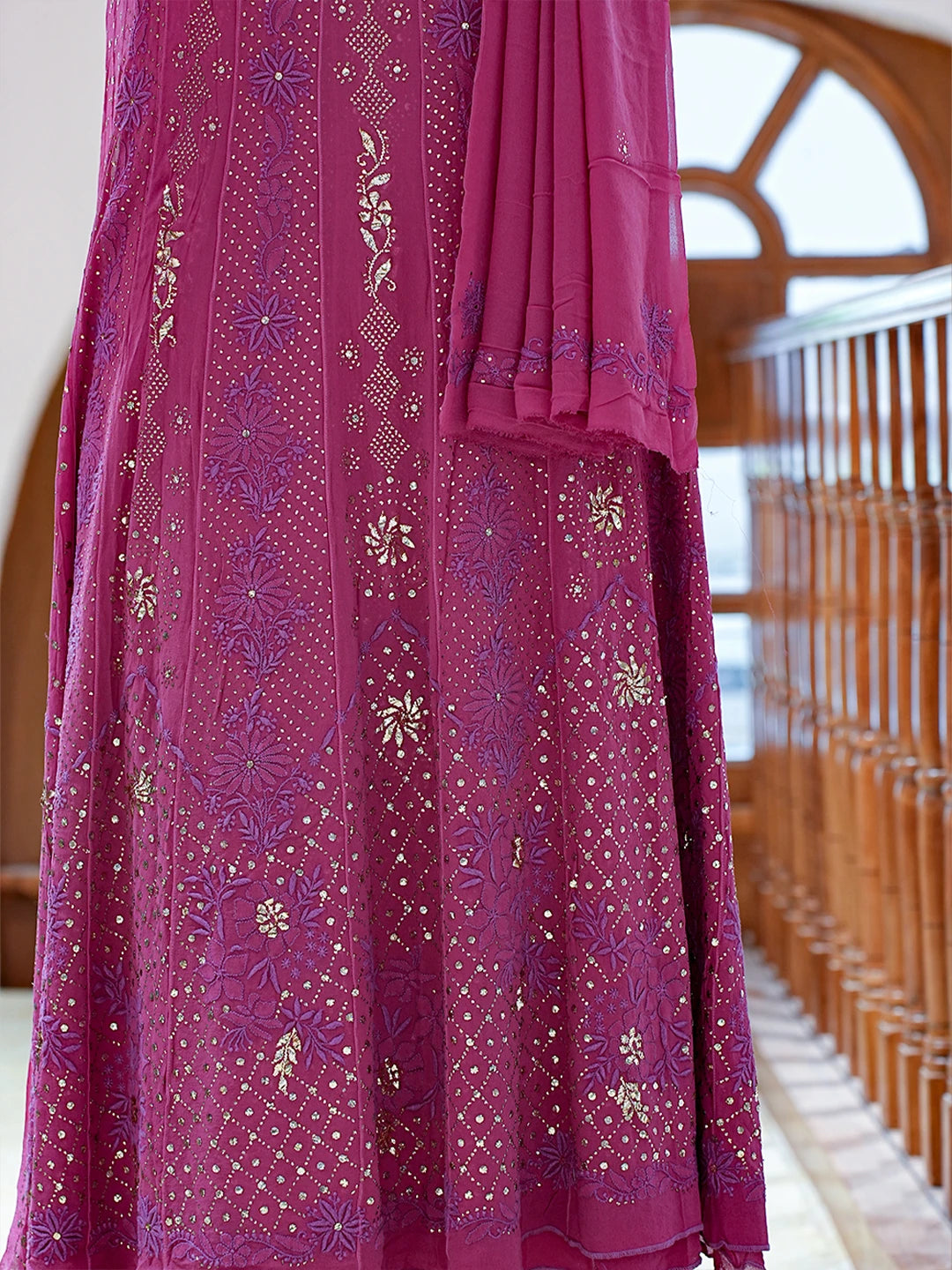 Ada Hand Embroidered Respberry Rose Pink Pure Georgette Lucknowi Chikankari Semi-Stitched Anarkali Kurta Dupatta Set With Mukaish Work 01A379290