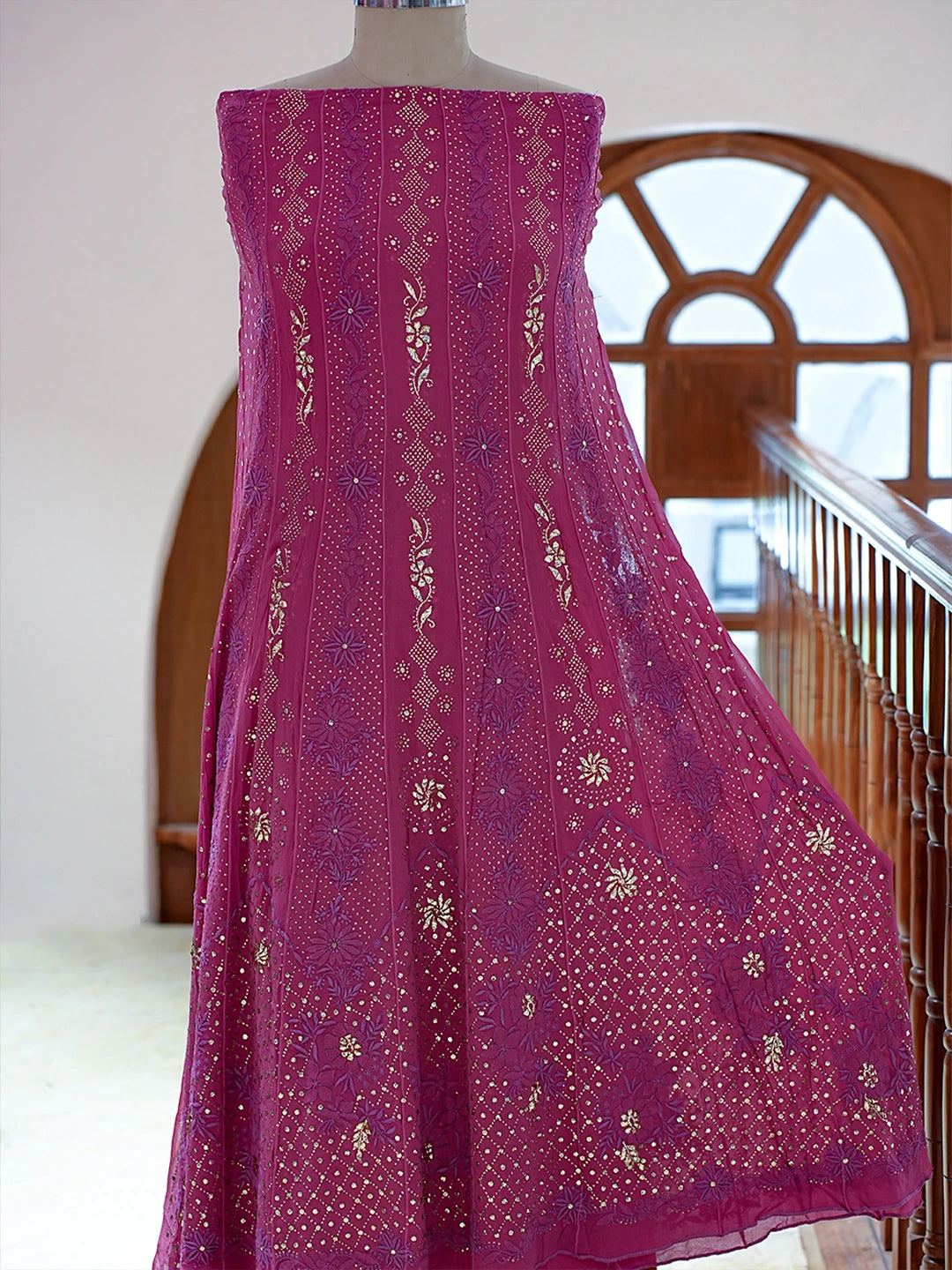 Ada Hand Embroidered Respberry Rose Pink Pure Georgette Lucknowi Chikankari Semi-Stitched Anarkali Kurta Dupatta Set With Mukaish Work 01A379290