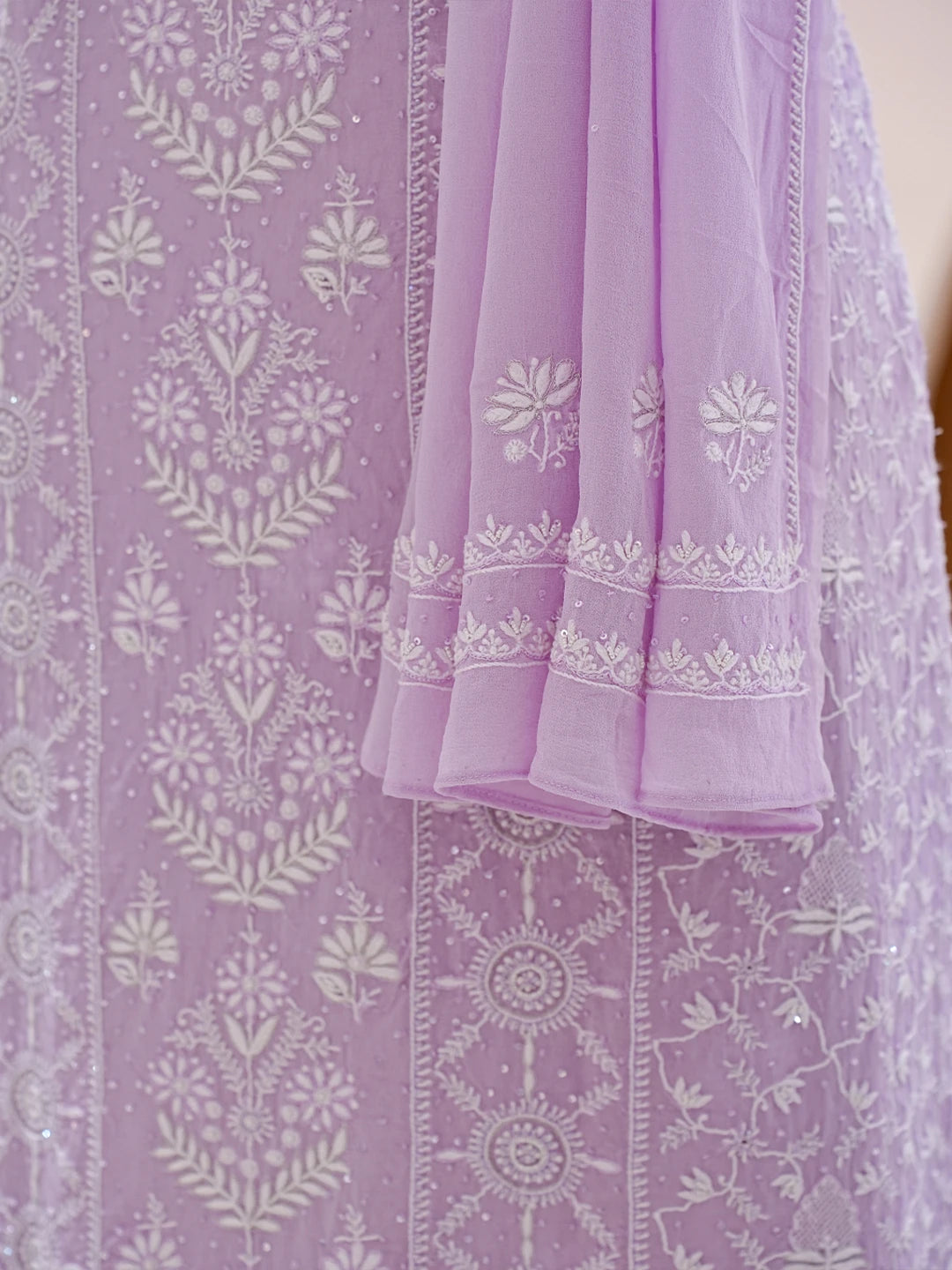 Ada Hand Embroidered Lavender Pure Georgette Lucknowi Chikankari Unstitched Kurta Dupatta Set With Cutdana Work 01A741629