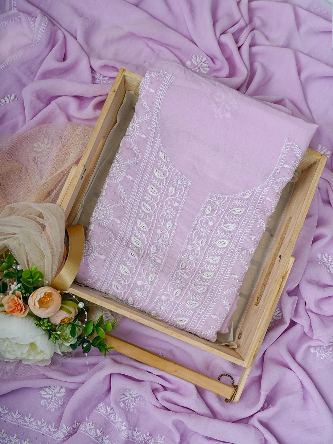 Ada Hand Embroidered Lavender Pure Georgette Lucknowi Chikankari Unstitched Kurta Dupatta Set With Cutdana Work 01A741629