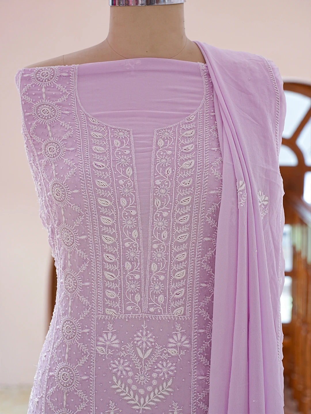 Ada Hand Embroidered Lavender Pure Georgette Lucknowi Chikankari Unstitched Kurta Dupatta Set With Cutdana Work 01A741629