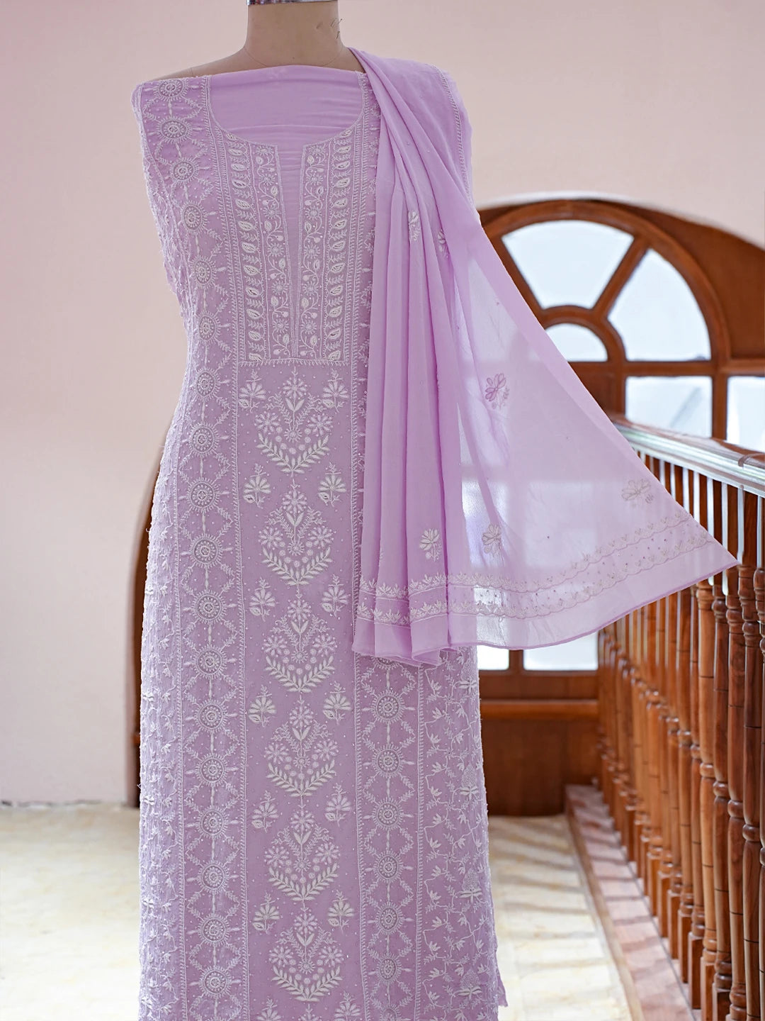 Ada Hand Embroidered Lavender Pure Georgette Lucknowi Chikankari Unstitched Kurta Dupatta Set With Cutdana Work 01A741629