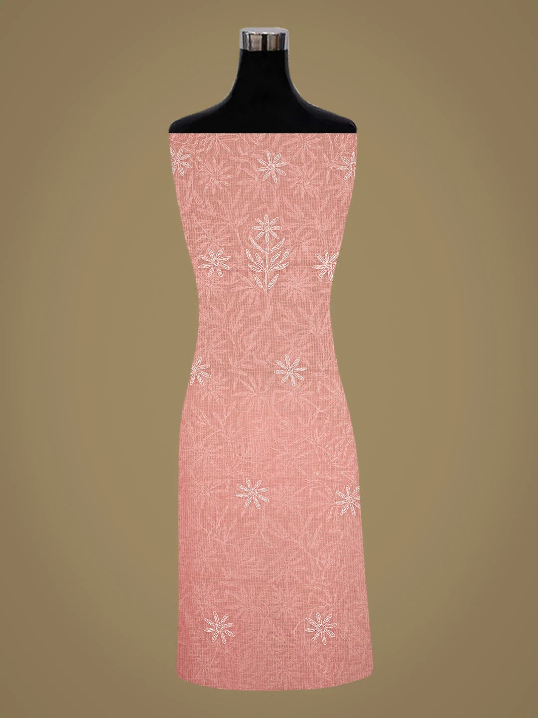 Ada Hand Embroidered Peach Kota Lucknowi Chikankari Unstitched Kurta Dupatta Set 01A751349