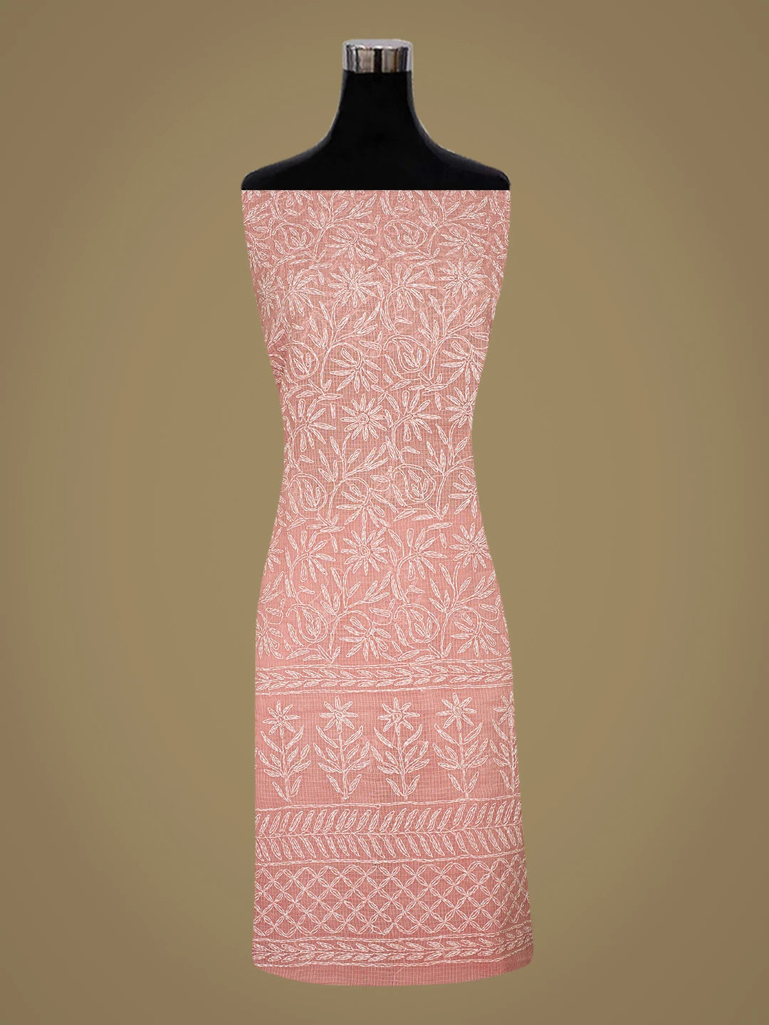 Ada Hand Embroidered Peach Kota Lucknowi Chikankari Unstitched Kurta Dupatta Set 01A751349