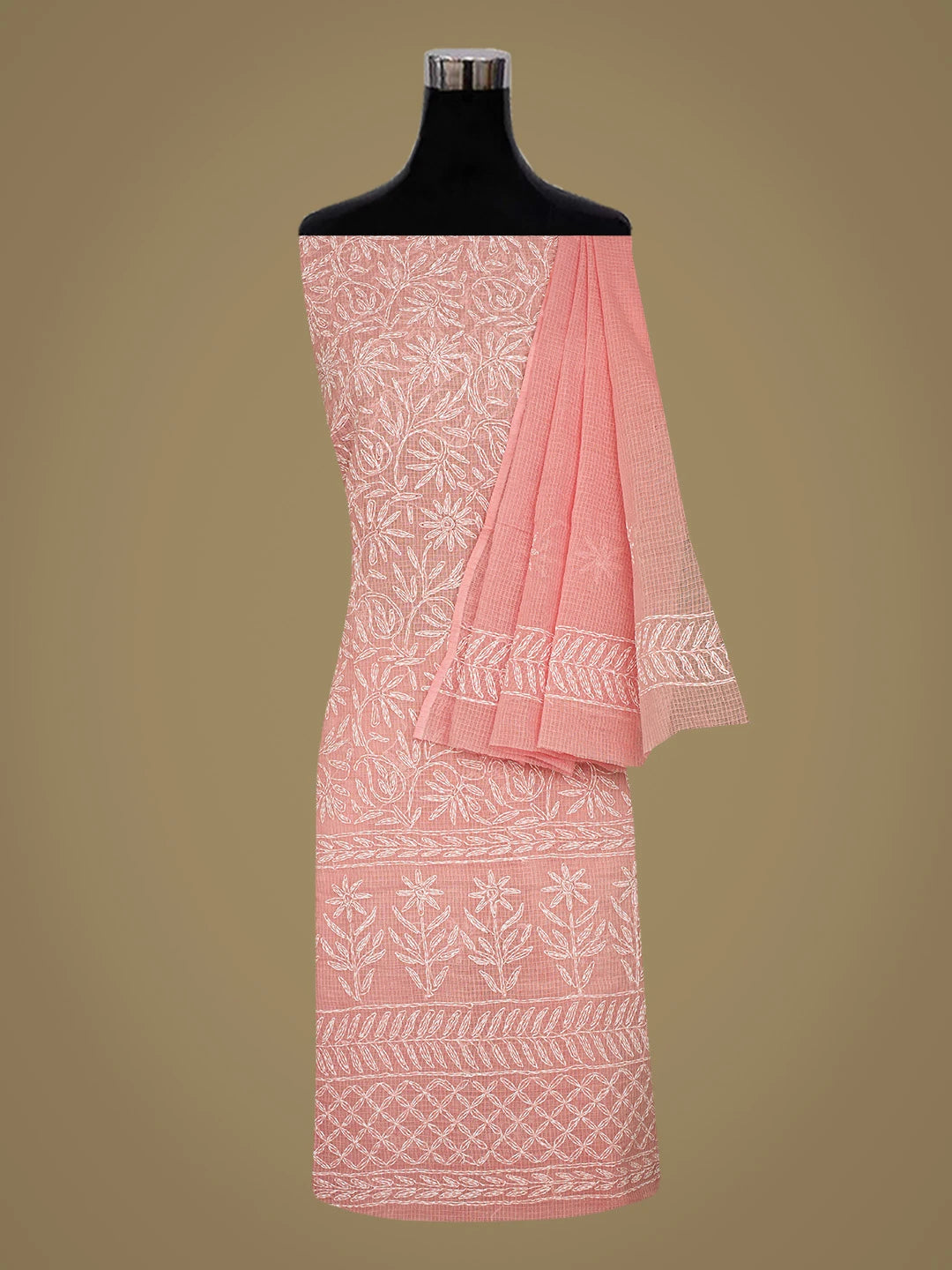 Ada Hand Embroidered Peach Kota Lucknowi Chikankari Unstitched Kurta Dupatta Set 01A751349