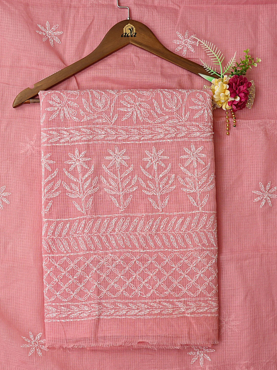 Ada Hand Embroidered Peach Kota Lucknowi Chikankari Unstitched Kurta Dupatta Set 01A751349