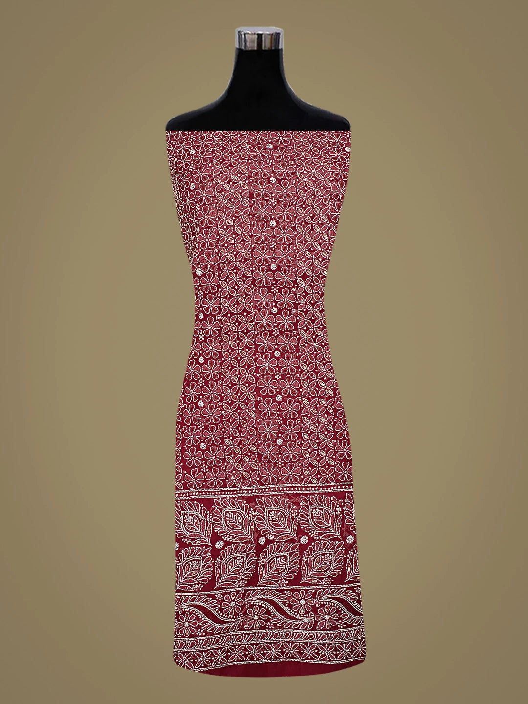 Ada Hand Embroidered Maroon Georgette Lucknowi Chikankari Unstitched Kurta Dupatta Set With Pearl Work 01A663095