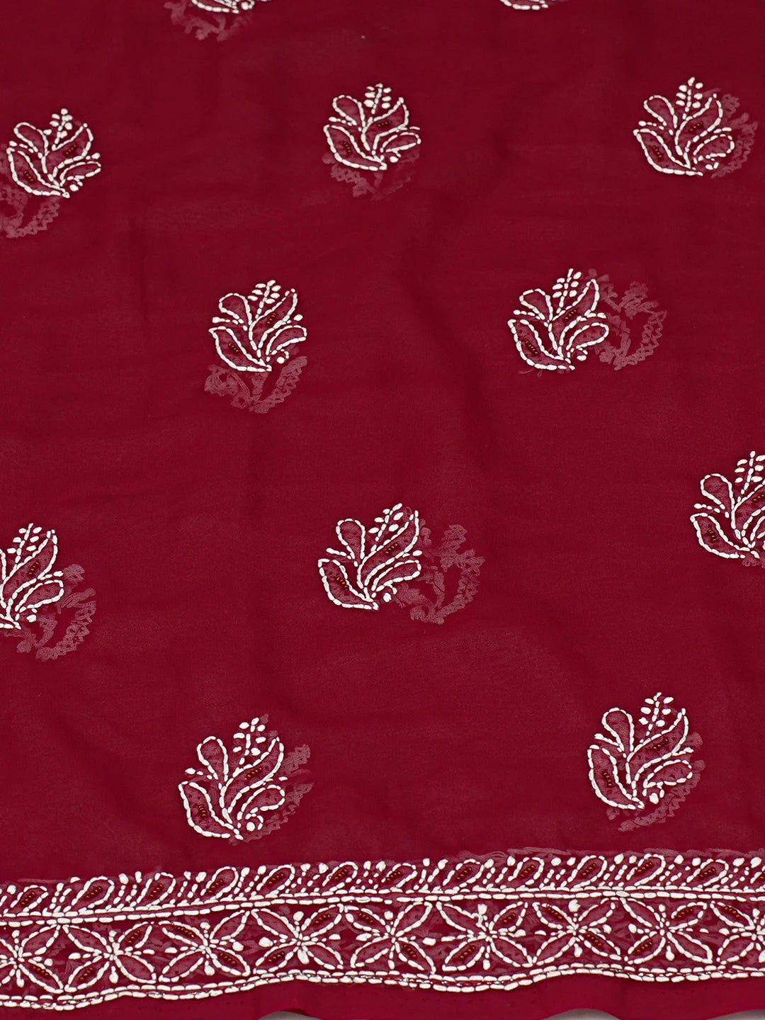 Ada Hand Embroidered Maroon Georgette Lucknowi Chikankari Unstitched Kurta Dupatta Set With Pearl Work 01A663095