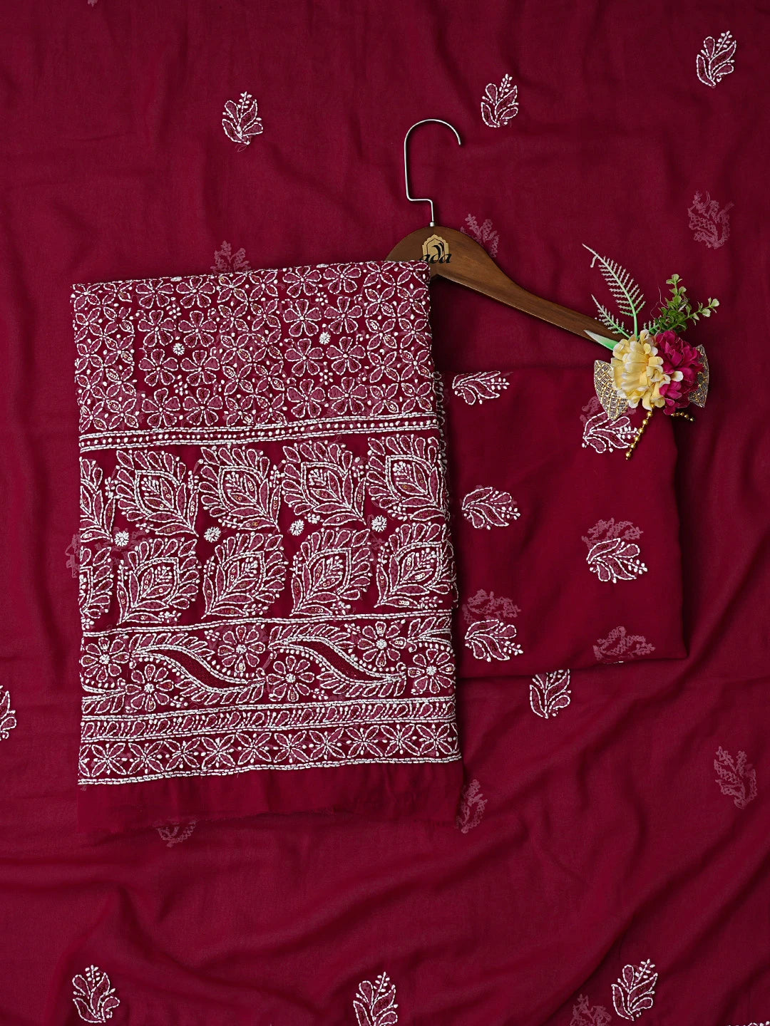Ada Hand Embroidered Maroon Georgette Lucknowi Chikankari Unstitched Kurta Dupatta Set With Pearl Work 01A663095