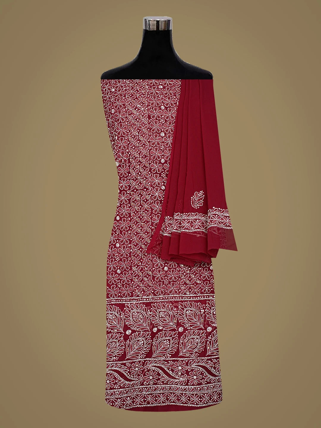 Ada Hand Embroidered Maroon Georgette Lucknowi Chikankari Unstitched Kurta Dupatta Set With Pearl Work 01A663095