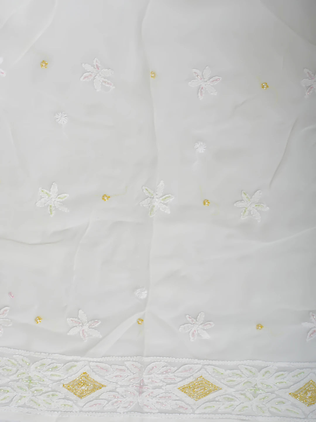 Ada Hand Embroidered White Viscose Georgette Lucknowi Chikankari Semi-Stitched Anarkali Kurta Dupatta Set With Cutdana Work 01A815558