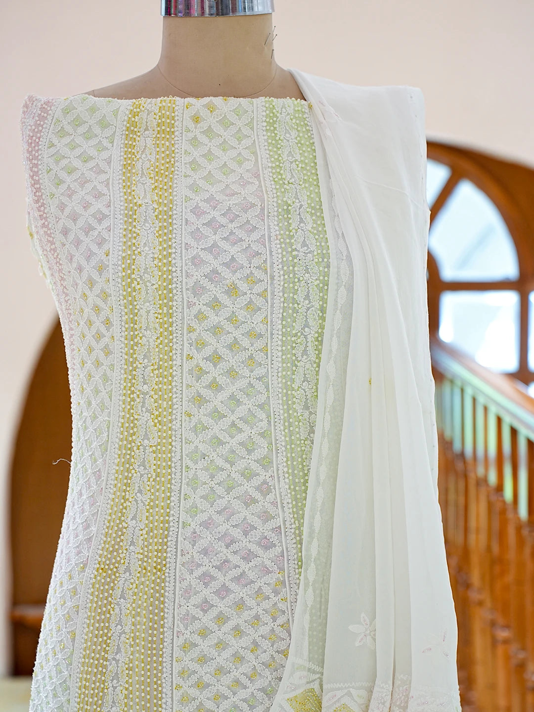 Ada Hand Embroidered White Viscose Georgette Lucknowi Chikankari Semi-Stitched Anarkali Kurta Dupatta Set With Cutdana Work 01A815558