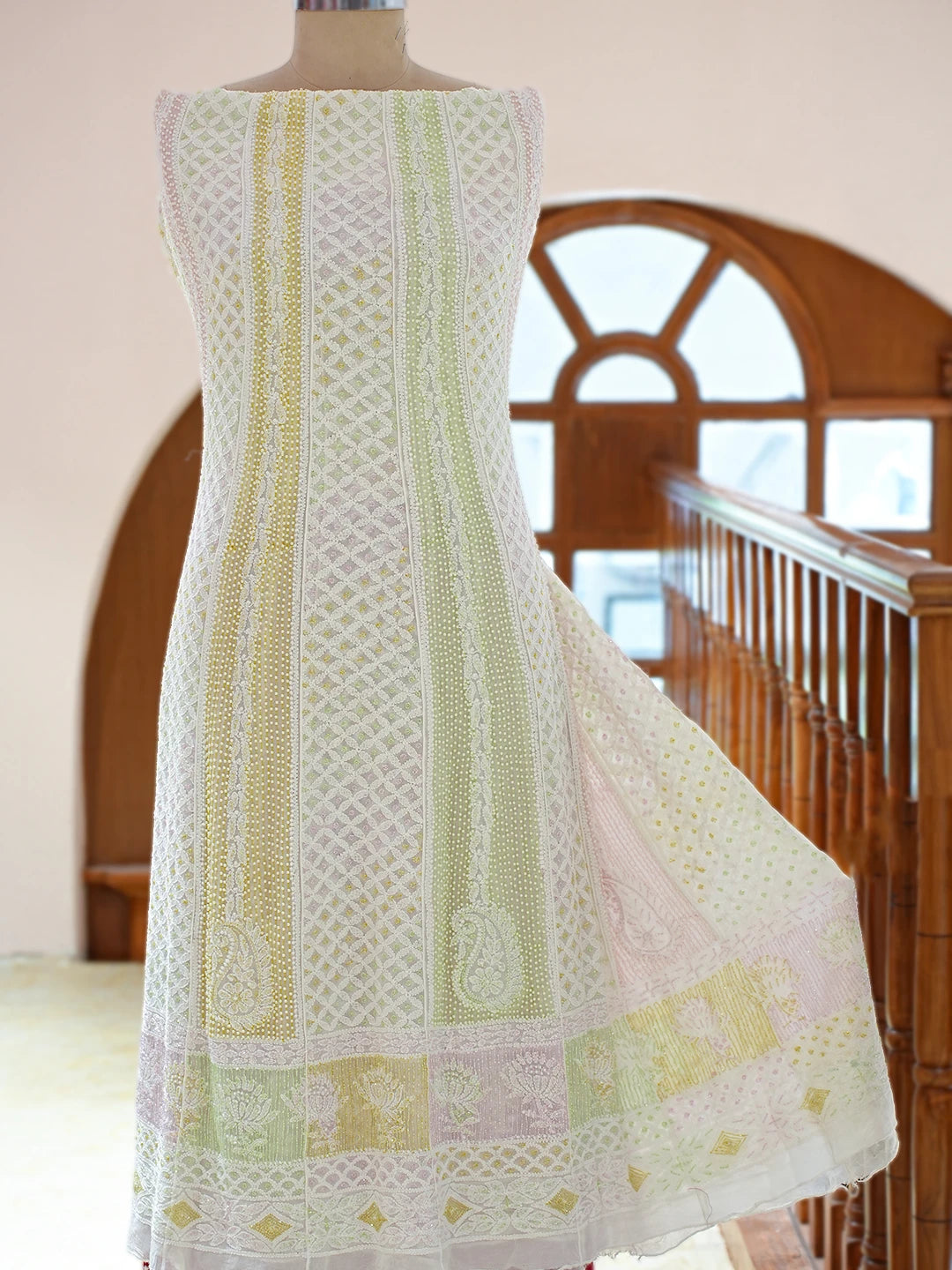Ada Hand Embroidered White Viscose Georgette Lucknowi Chikankari Semi-Stitched Anarkali Kurta Dupatta Set With Cutdana Work 01A815558