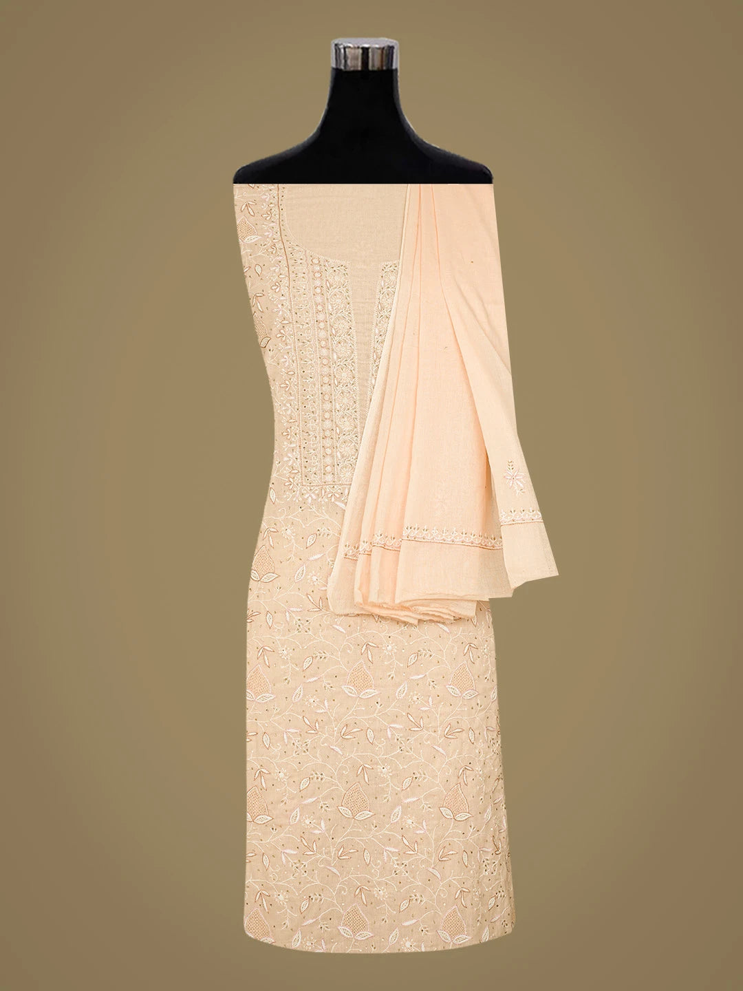 Ada Hand Embroidered Peach Cotton Lucknowi Chikankari Unstitched Kurta Dupatta Set With Pearl Work 01A307752