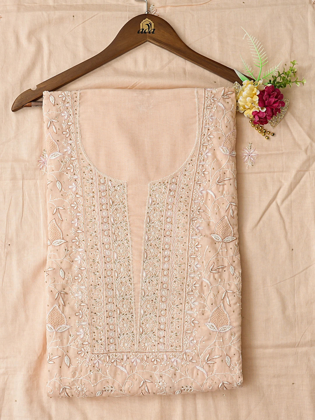 Ada Hand Embroidered Peach Cotton Lucknowi Chikankari Unstitched Kurta Dupatta Set With Pearl Work 01A307752