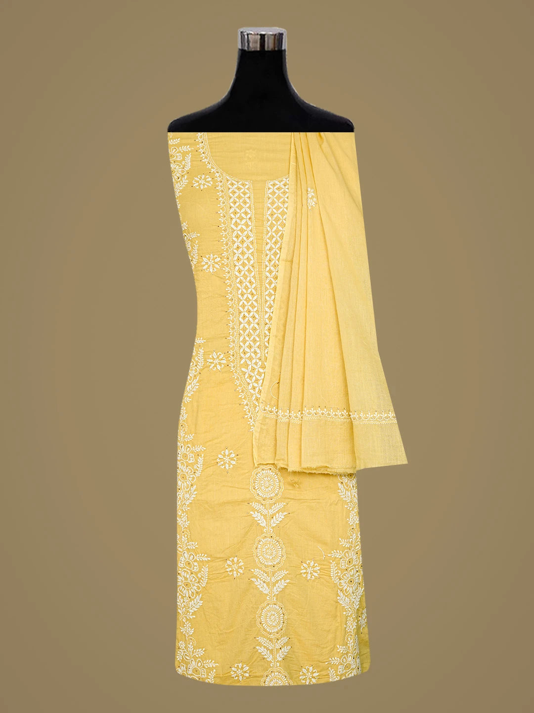 Ada Hand Embroidered Yellow Cotton Lucknowi Chikankari Unstitched Kurta Dupatta Set With Muqaish Work 01A760416