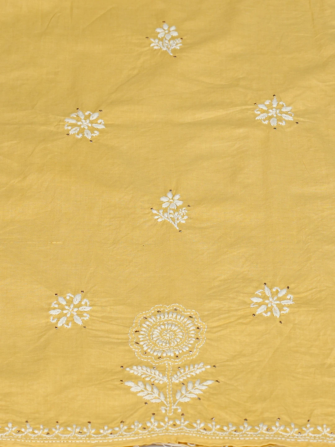 Ada Hand Embroidered Yellow Cotton Lucknowi Chikankari Unstitched Kurta Dupatta Set With Muqaish Work 01A760416